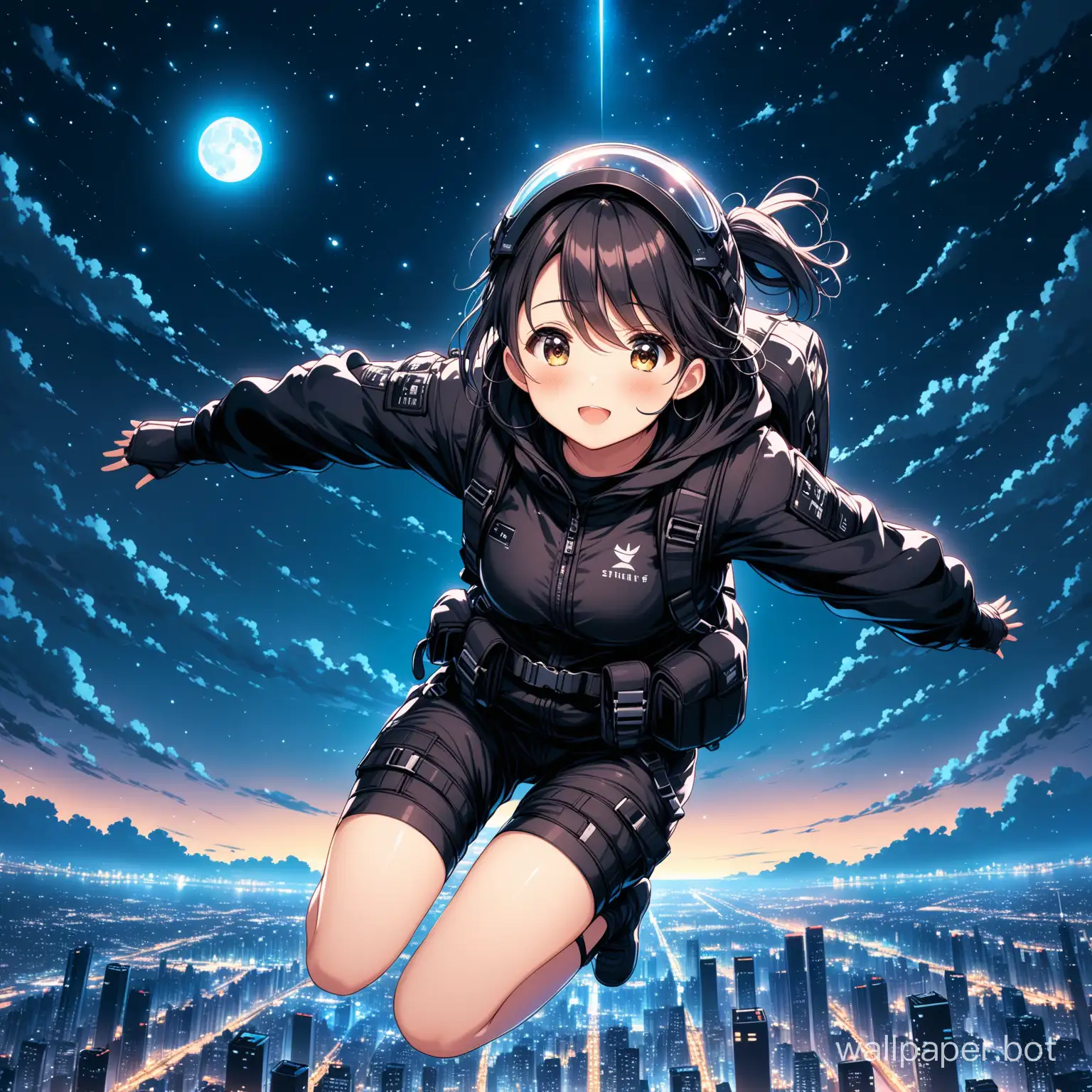 Cute Girl in techwear free falling in a night sky cityscape