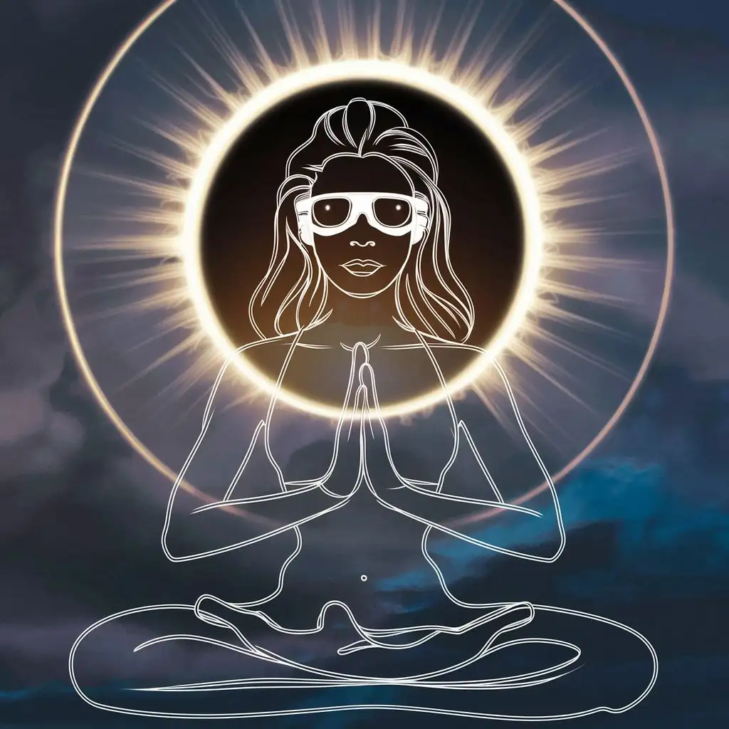 FRONTAL VIEW OF LINE DRAWING WOMAN IN TRADITIONAL YOGA POSE, WEARING SOLAR ECLIPSE GLASSES, AND FULL SOLAR ECLIPSE IN BACKGROUND.  BACKGROUND HAS A NATURE LOVING FEEL TO IT.