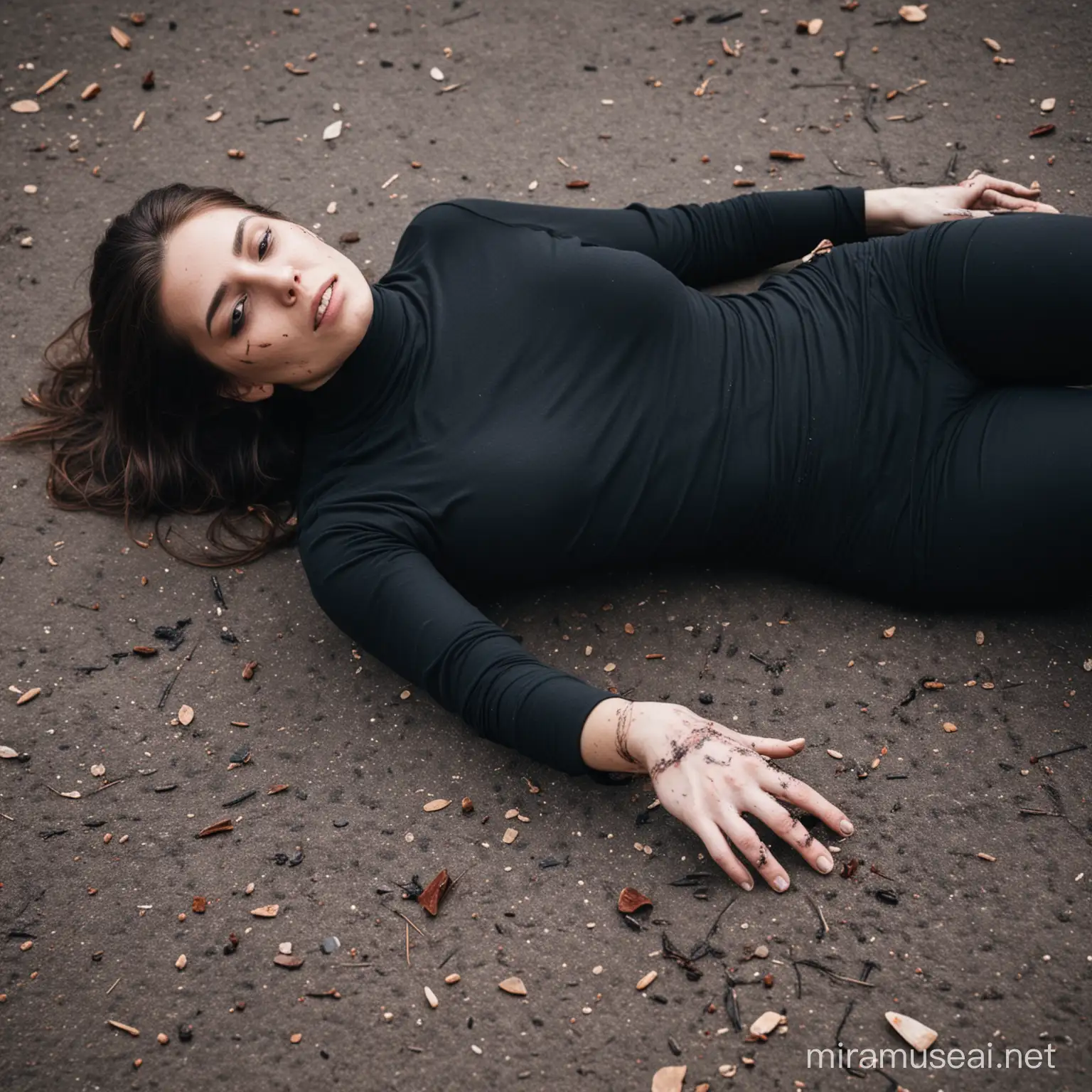 Elegantly Tragic Deceased Woman in Turtleneck with Fatal Wound