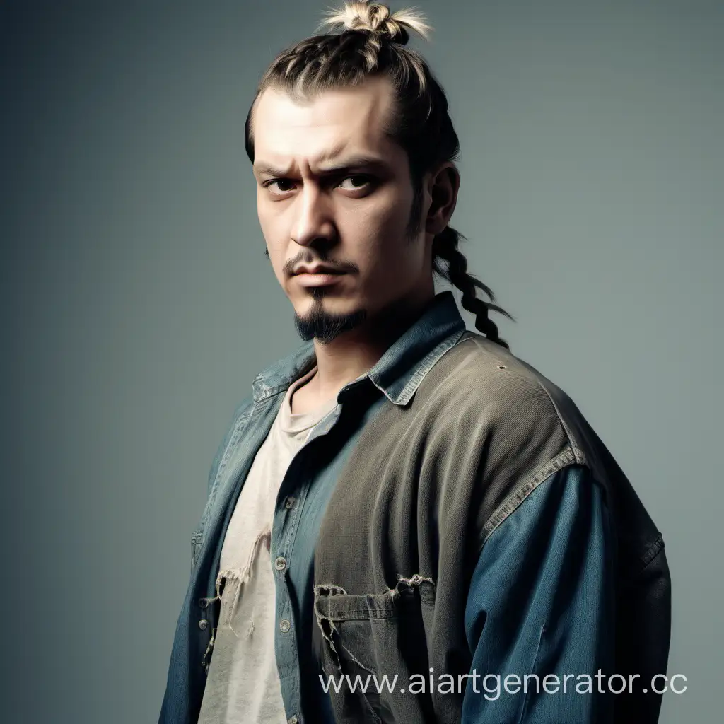 Confident-Man-with-Braided-Ponytail-in-Tattered-Clothes