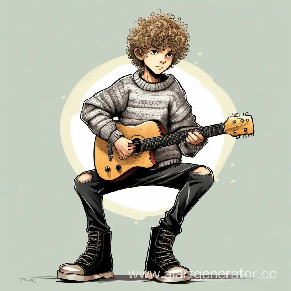 Нарисуй кудрявого мальчика лет 15 со светлыми волосами длинной 20 сантиметров который играет в группе соло гитаристом одет он в дырявый свитер и чёрные брюки а на ногах у него бертсы