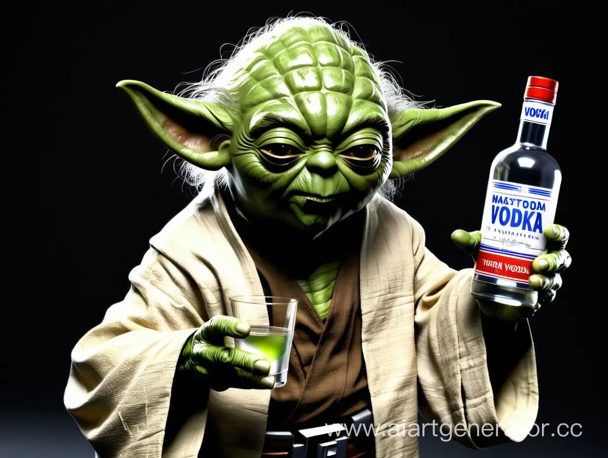 Master Yoda with a bottle of vodka and a glass in his hands