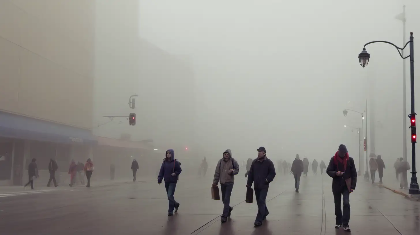 Urban Commuters Navigate Dense Fog in Downtown