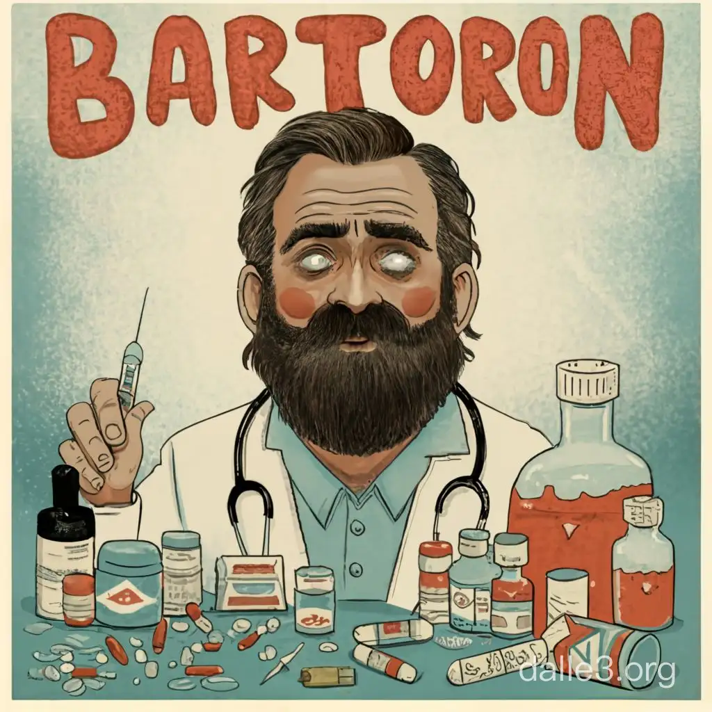 Постер в стиле Pixar с обозначениями, про Доктора с бородой алкоголика пьяного обкуренного который колит себе кучу препаратов и наркотиков, название Barttoron