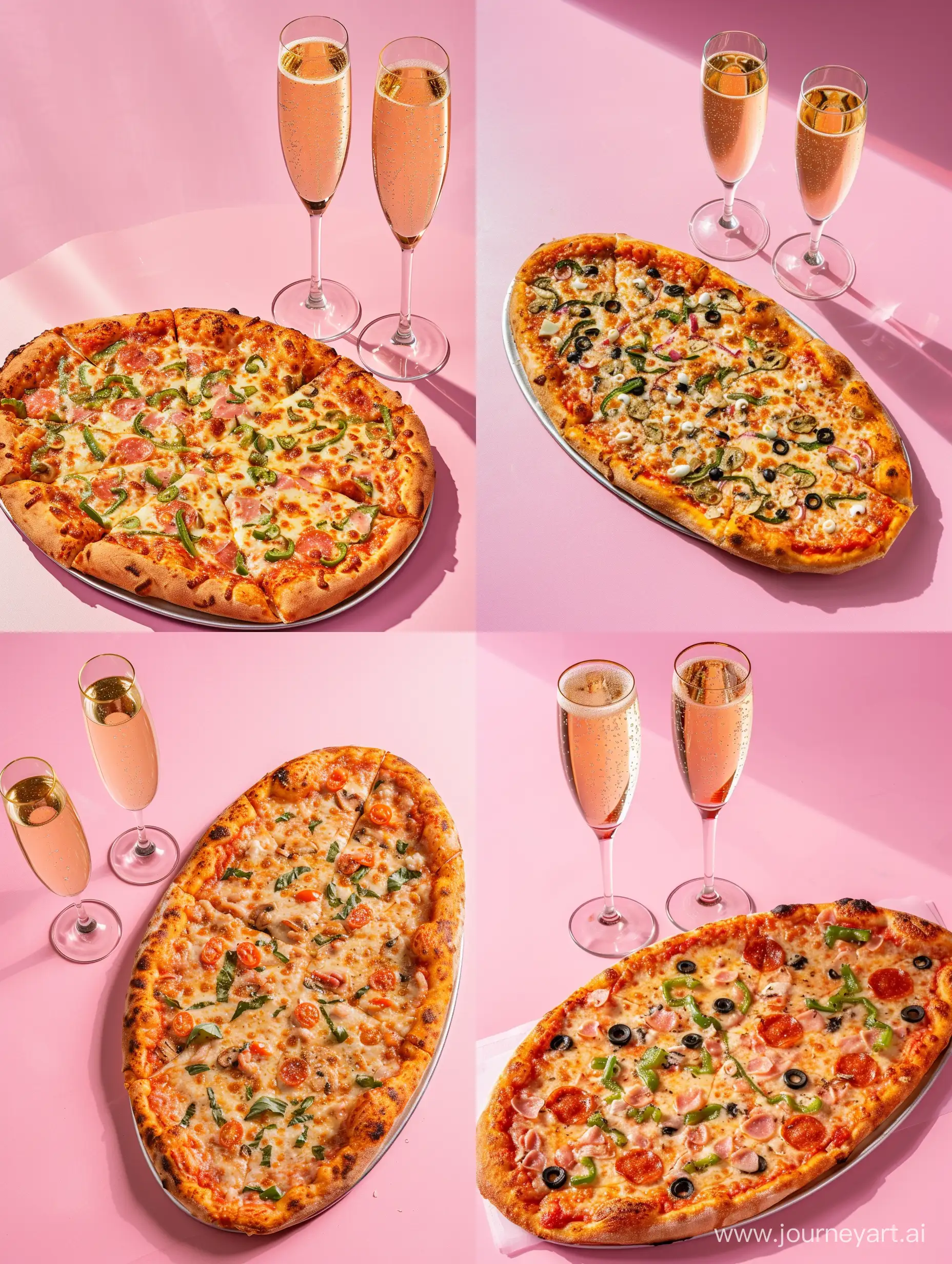 овальная целая пицца и два бокала шампанского на розовом фоне 