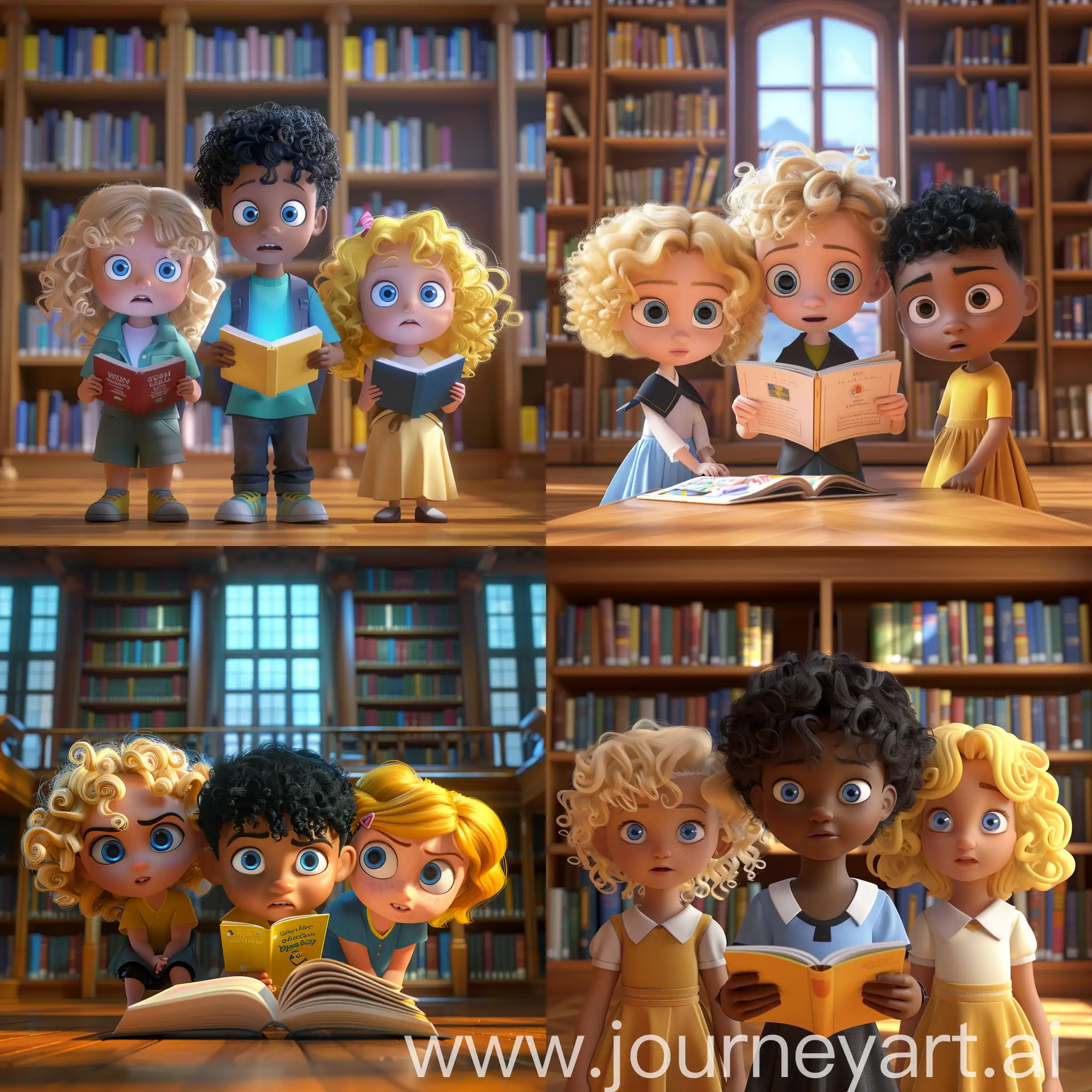 1个6岁女孩（金色卷发，蓝眼睛），1个6岁小男孩（黑色短发，蓝眼睛），1个6岁女孩（黄色卷发，蓝眼睛），在图书馆，看书，全身正面拍摄，皮克斯风格