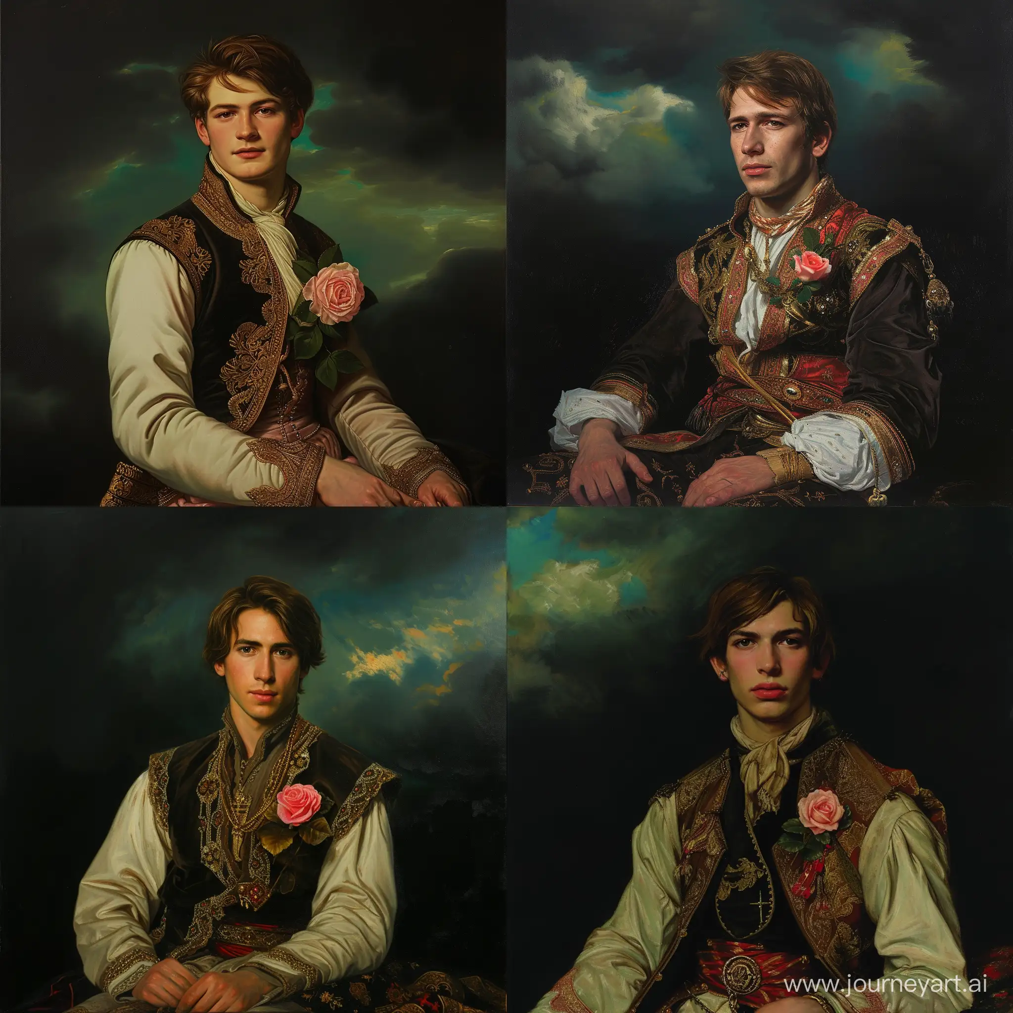 Medieval European portrait painting in style of Thomas Lawrence, depicting a young middle aged man with brown hairs, sitting and wearing full collar Ottoman attire, rose flower on lapel, dark black greenish cloudy background --v 6