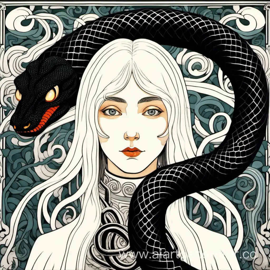  девушка с белыми волосами и белыми глазами и черная змея  картина в стиле Билибина