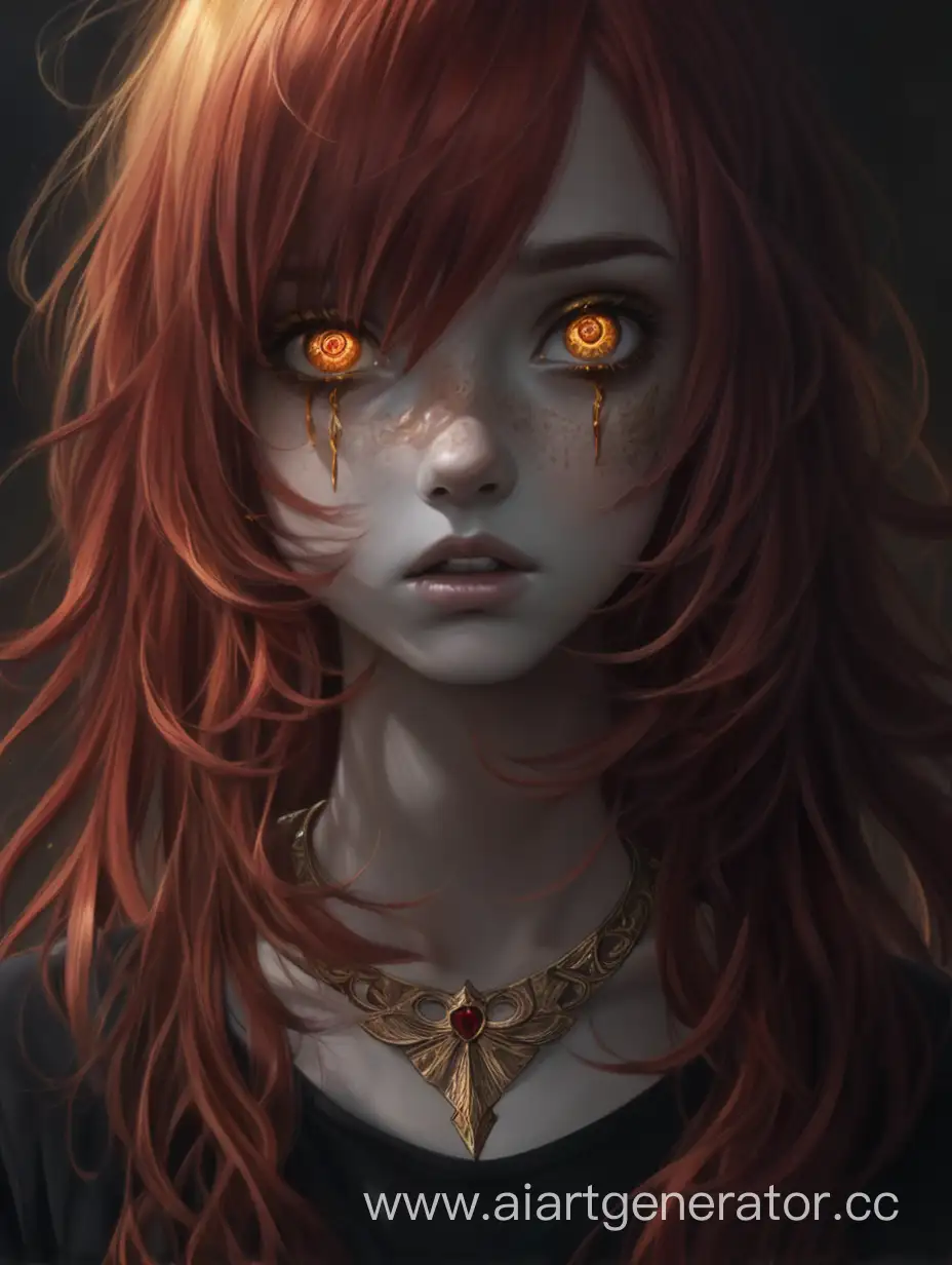 Девушка с красными волосами и золотыми глазами между жизнью и смертью