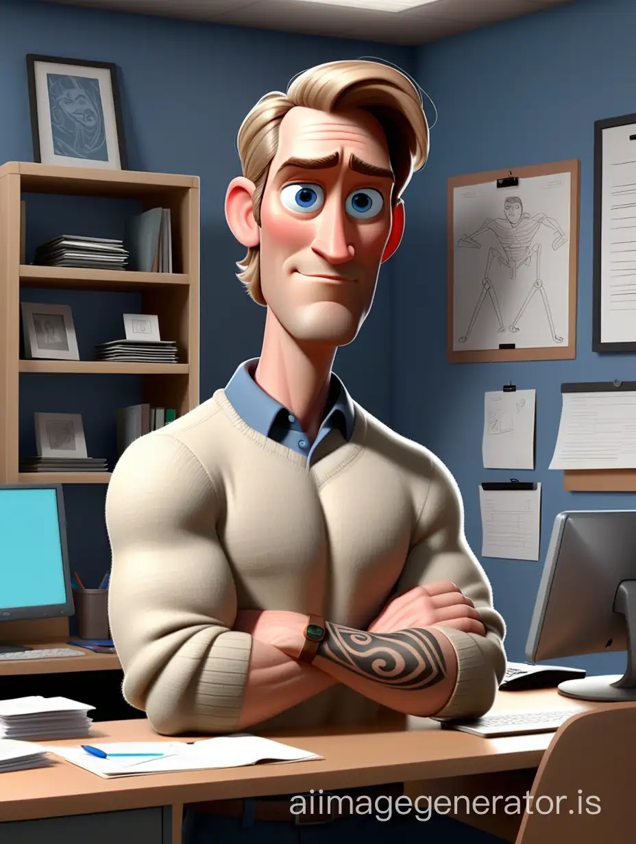 "Create a Pixar-style illustration of a white man, a middle-aged young man with half-long bronde hair styled in a long side parting, blue eyes, and a slight bronde facial hair. He is depicted standing next to his desk in an office setting, wearing a long-sleeved sweater with sleeves rolled up slightly, revealing his wrists. Additionally, he has a tribal tattoo on his left forearm. The picture should showcase a large TV screen dominating the upper half of the scene, with the man proportionally smaller. Emphasize a joyful atmosphere within the office environment in the design."