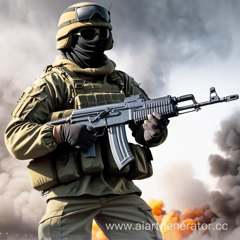Russian soldier of 2022, in VKPO and "Warrior" with an AK-17 machine gun, anime, covered face