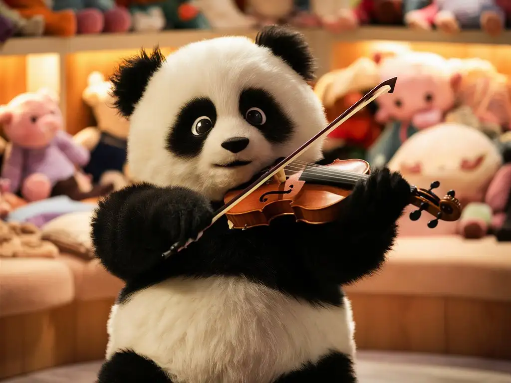 Panda is playing the violin, fluffy, super cute, cute pet, mascot, plush, fur ball 1, round little body, black and white panda