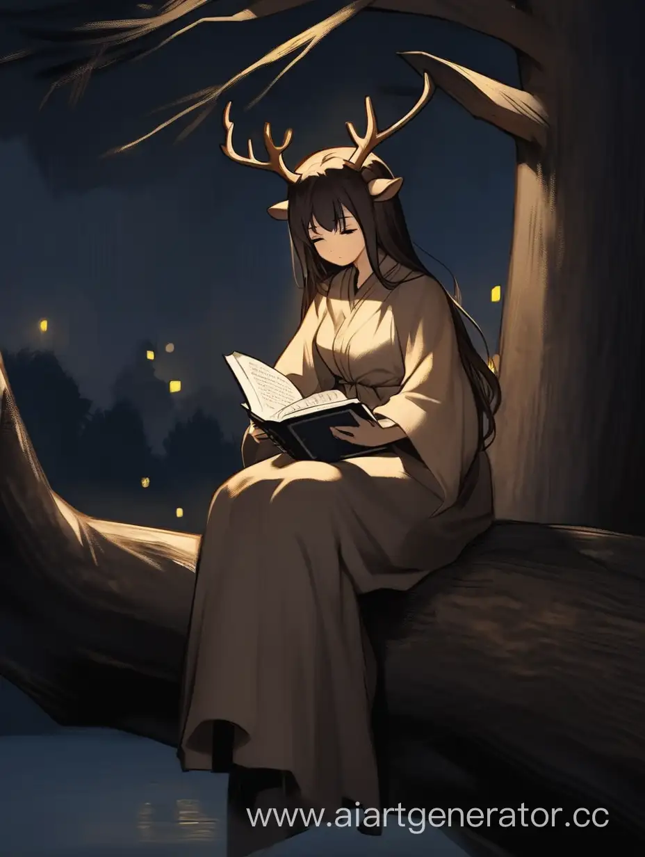 Nighttime-Reading-DarkHaired-Girl-with-Deer-Horns