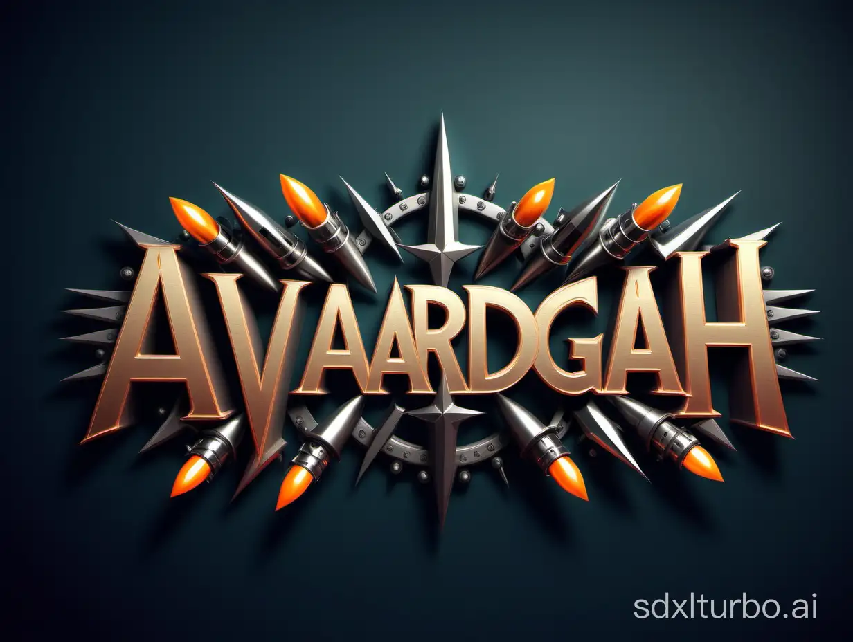 create text logo from "AVARDGAH" with sharp edges and bullets ond other assets decoration, front view, clean, lights, simple, 3d, frame