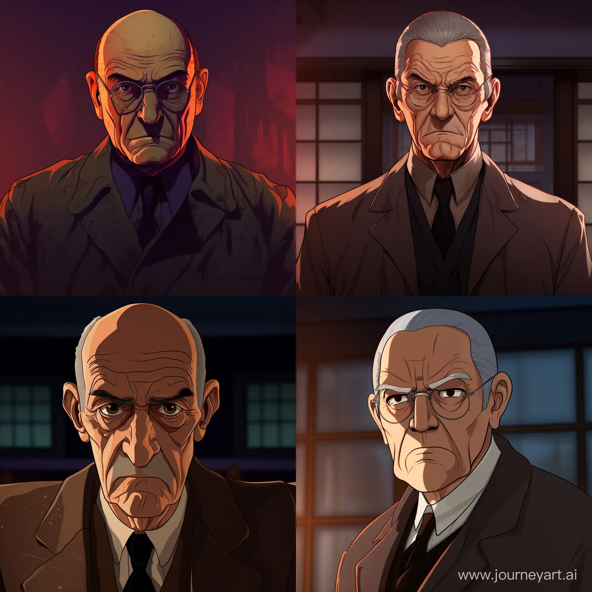 Generate a stoic anime/fantasy-style illustration of an elderly villain in a dimly lit setting. The character, with an extremely hunched back, wears a well-tailored suit and exudes a calm and collected demeanor. The shot is a close-up, capturing the haunting black eyes and the subtle malevolence within. Minimize facial expressions to convey a strong sense of stoicism. The lighting emphasizes the shadows, adding an eerie atmosphere. The character holds a cane, enhancing the overall composed and menacing presence while maintaining a facade of normality