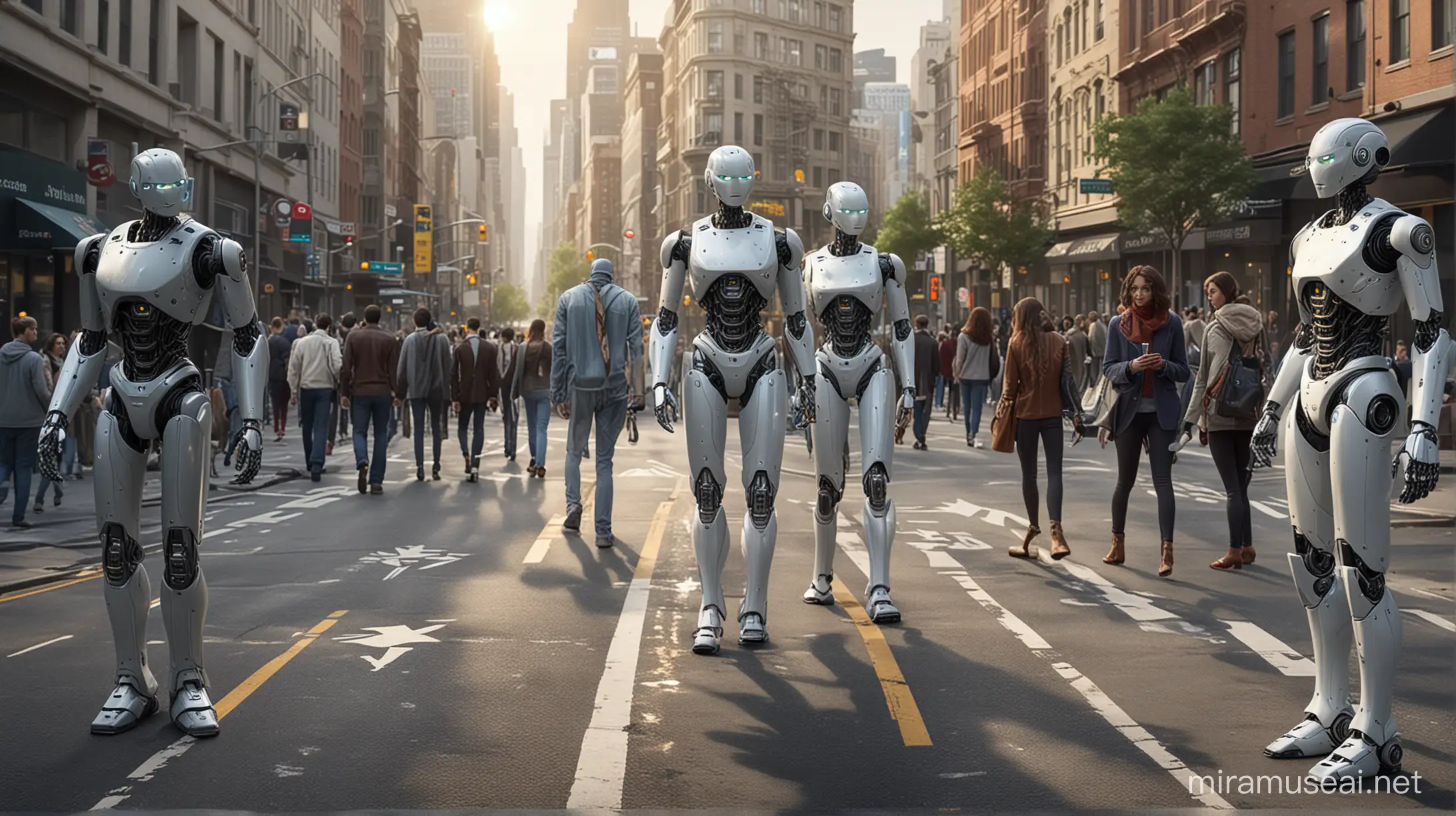 Futuristic Cityscape Humanoid Robots Fintech Apps and Autonomous Vehicles
