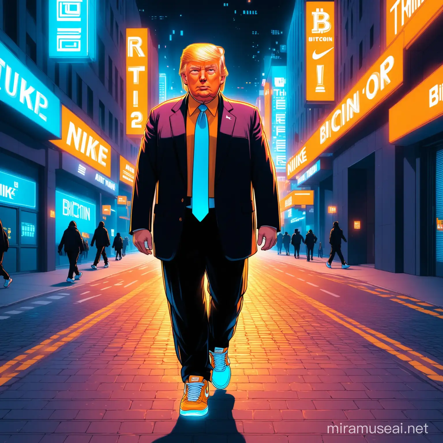 Presidential Style Donald Trump in Trendy Nike Sneakers Strolling Through a Futuristic BitcoinThemed Neon City