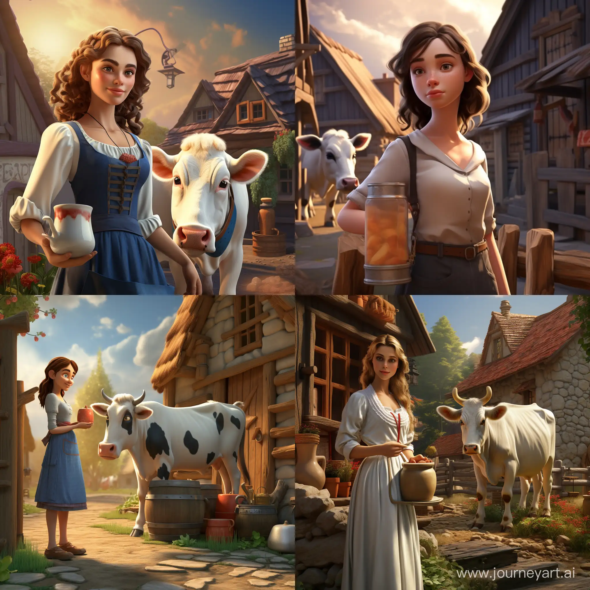 Beautiful girl with a milk can in the village near the cow. 3D animation 