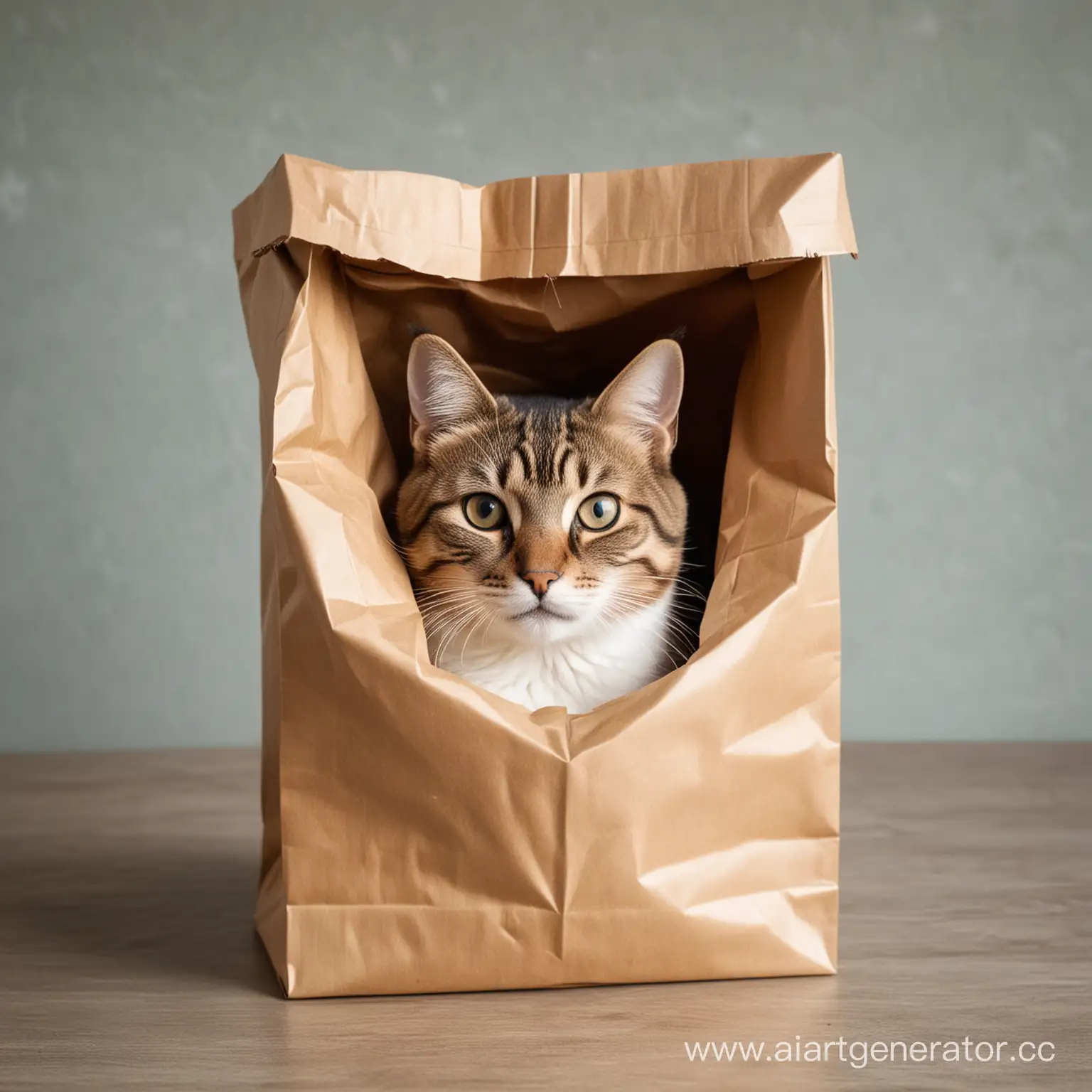 Кот сидит в бумажном пакете, сверху из пакета торчит только голова кота
