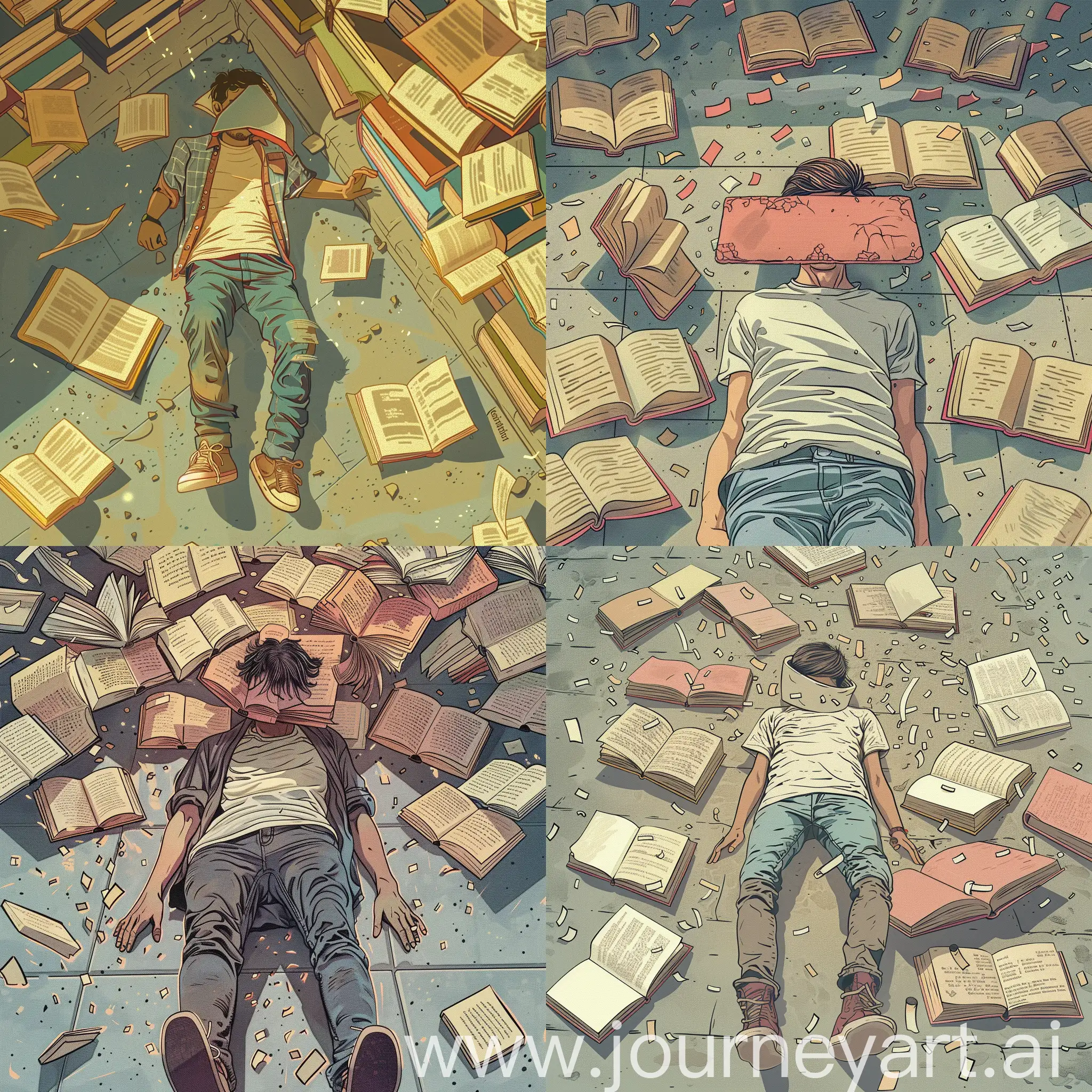 colored illustration, vectorial, warm palette, dithered, a young man is laying down, with the cover of a book covering his face, on a place made of concrete, wearing casual clothing, full of opened books around him, some pages are flying