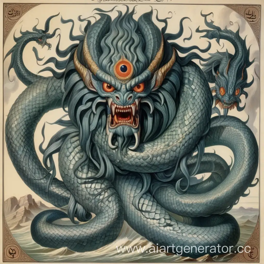 Демон бури из иранской мифологии и религии. Это змееподобное чудовище с шестью глазами, которое также олицетворяет угнетение Ирана во времена Вавилона