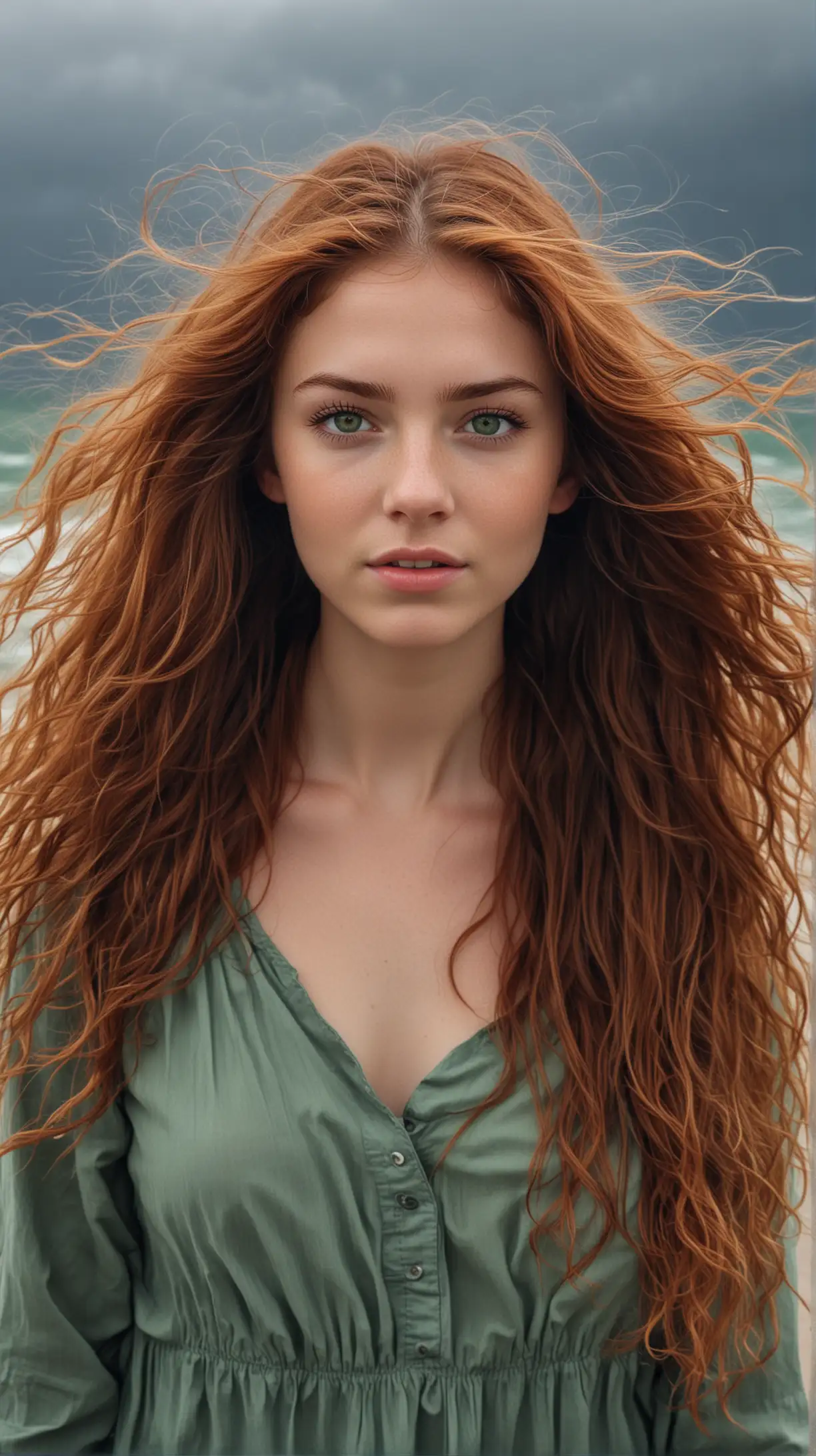 18-year-old Julie Roberts. She has long, wavy auburn hair, and intense green eyes. She is standing in a storm with the wind blowing her hair. Her palms are outstretched. 