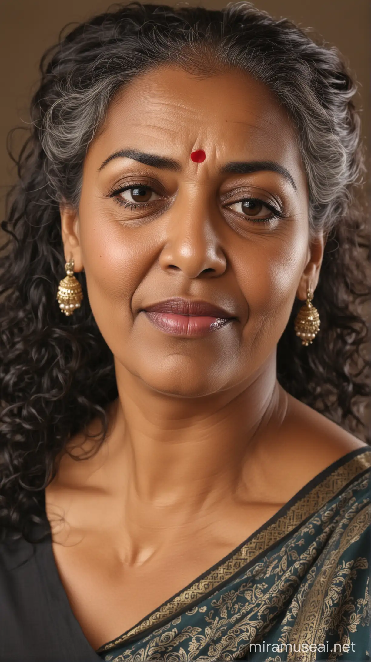 A 72 year old black fat woman with small eyes, small nose, weak chin, wide lips and long curly hair with a bun at back wearing a saree 