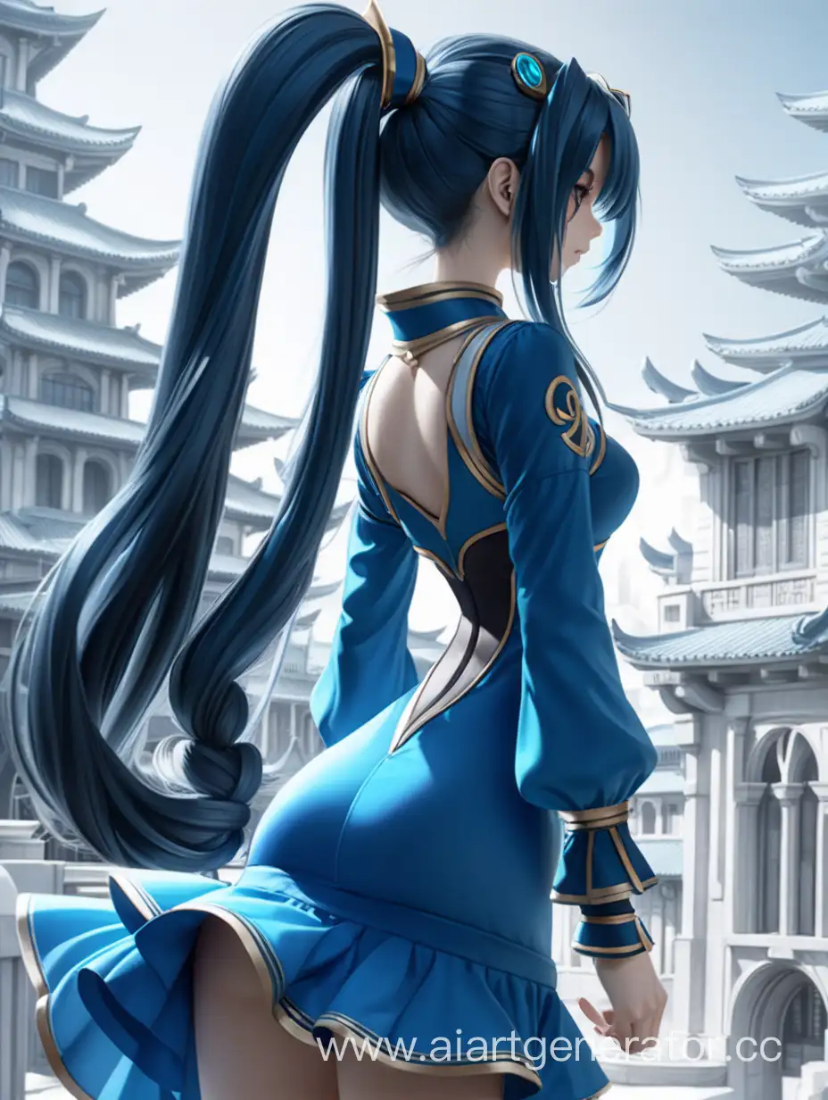 аниме сона из league of legends в полный рост в синем платье длинные волосы два высоких хвостика на фоне белого города