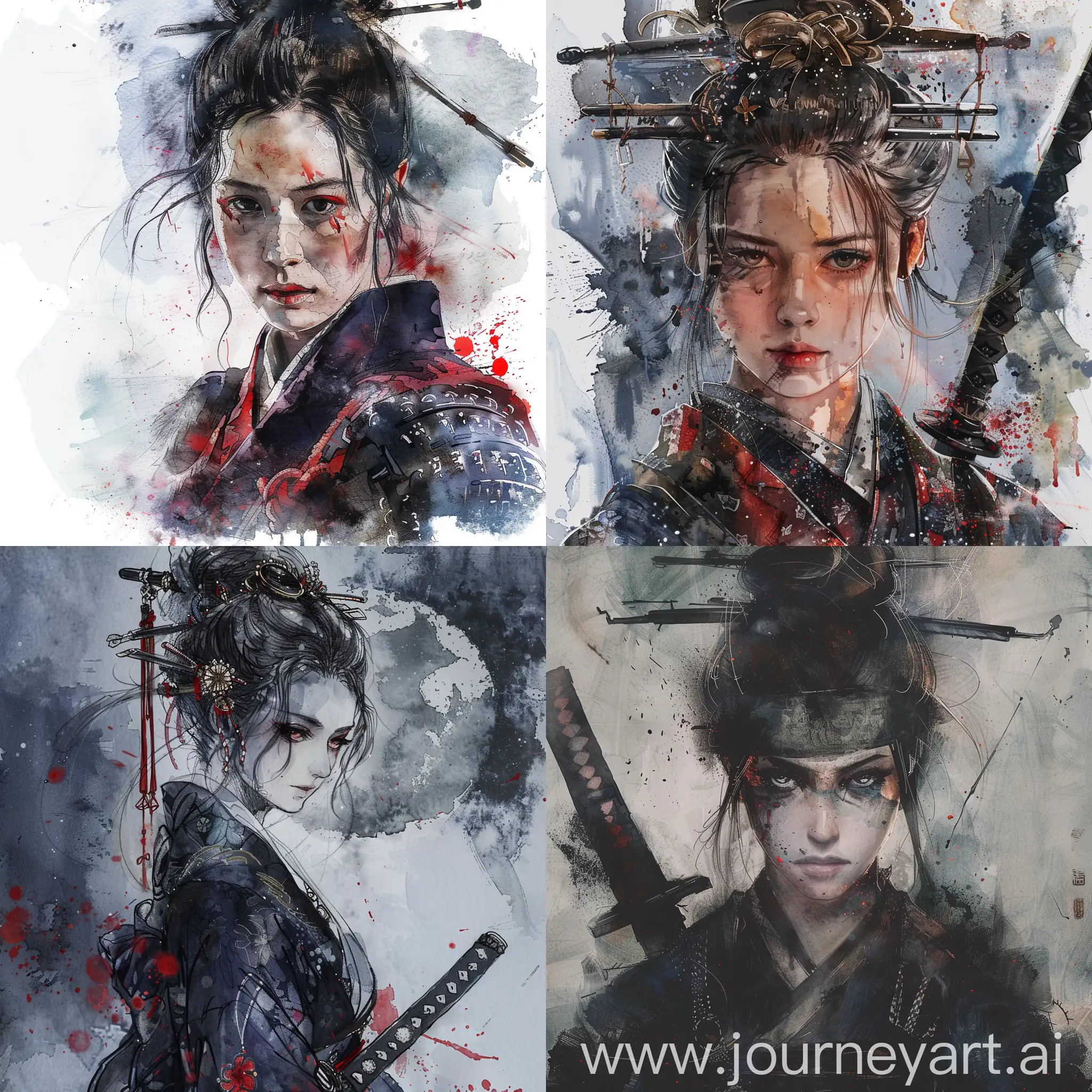 an mysterious samurai woman, hd, watercolor, gloomy, detailed