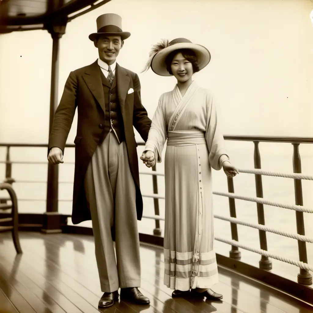 1920s Vintage Photo English Man and Japanese Woman Holding Hands on Passenger Ship Deck