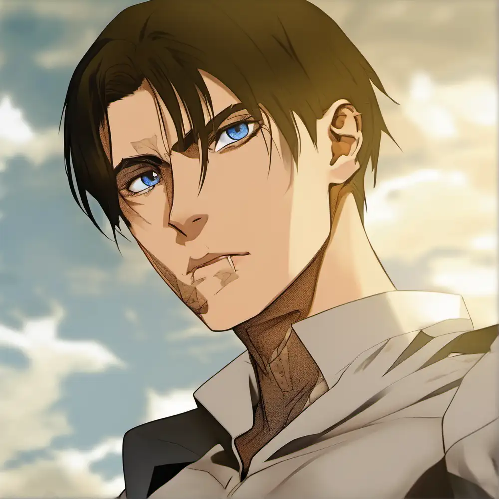 like real male, short, straight black hair styled in an undercut, as well as narrow, intimidating steel blue eyes with dark circles under them and a deceptively youthful face, several scars across his face including one across his right eye, equal as on image, hyper-realistic, photo-realistic