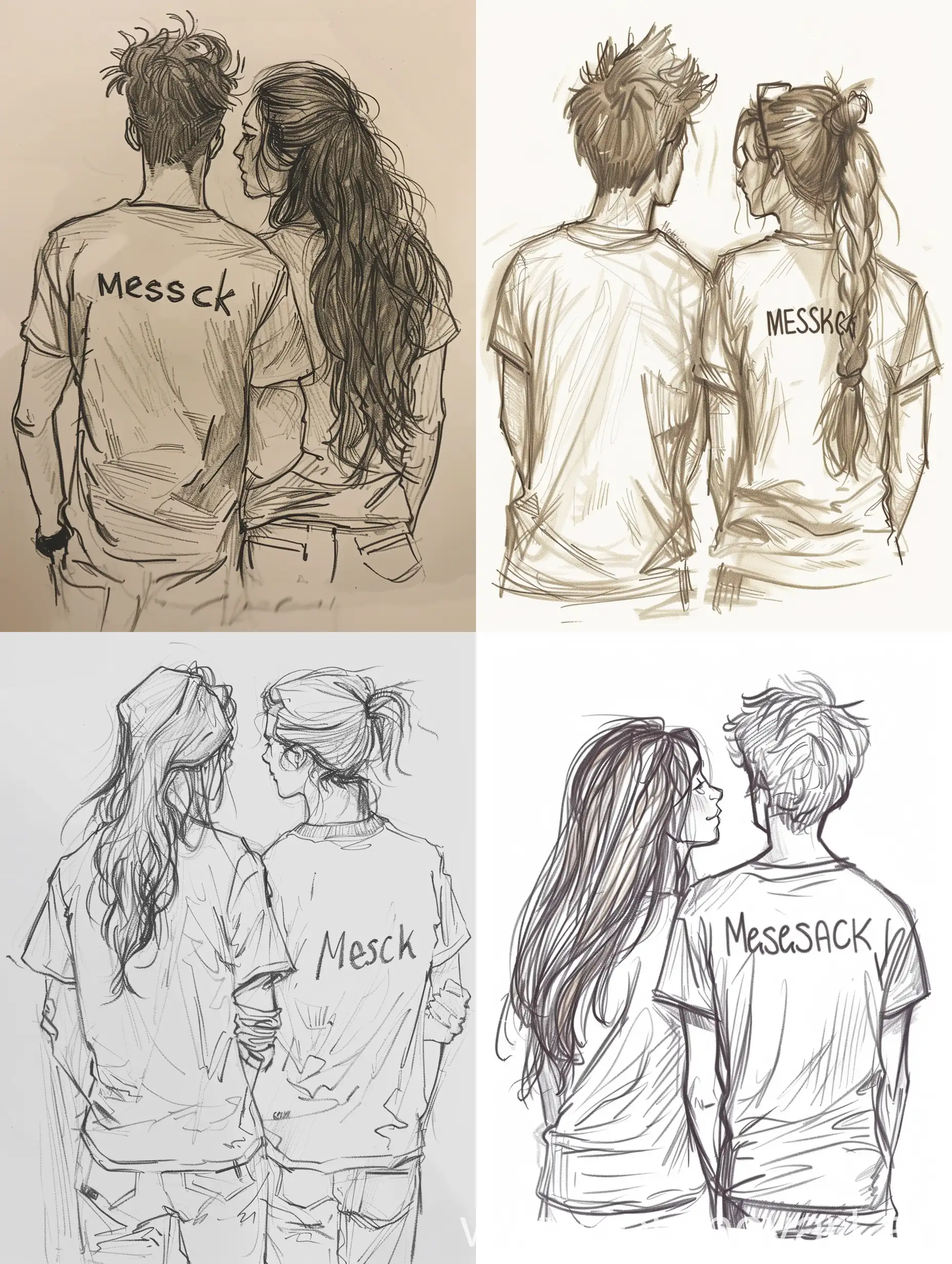 Draw two lovers looking at the back wearing t-shirt written Meshack