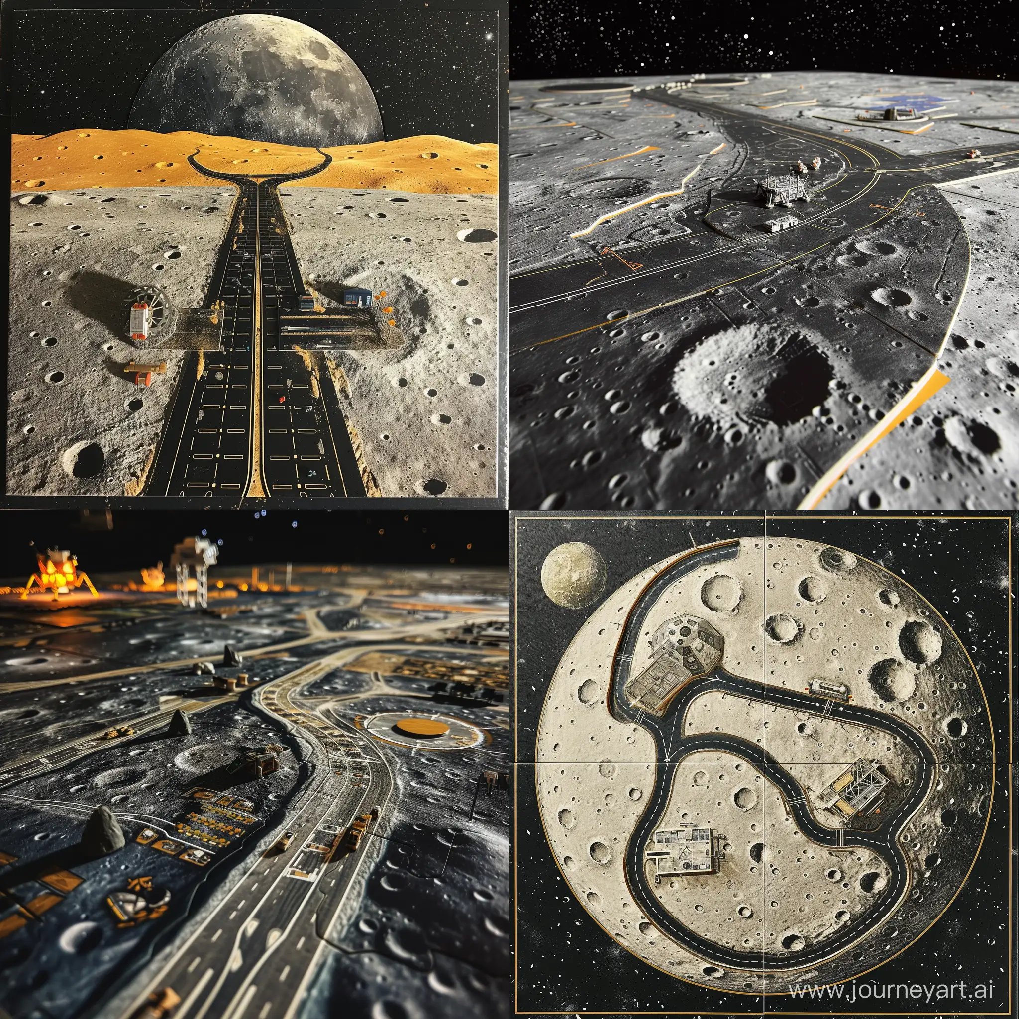 поле для настольной игры, лунная поверхность, дорога, посадочная площадка для космических кораблей, научно-исследовательская станция, вид строго сверху
