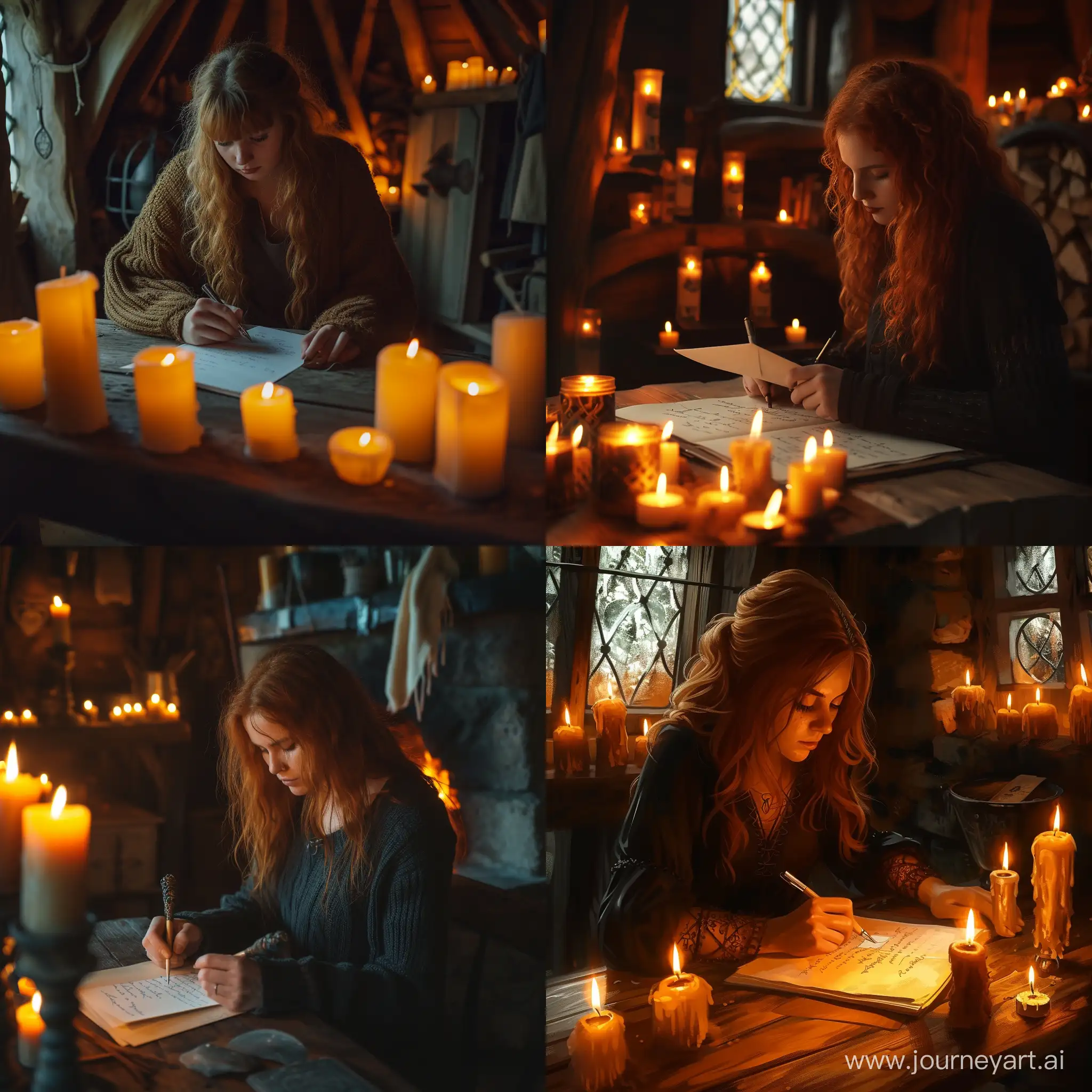 Gingerhead woman writes letter in a cozy room with medieval candles