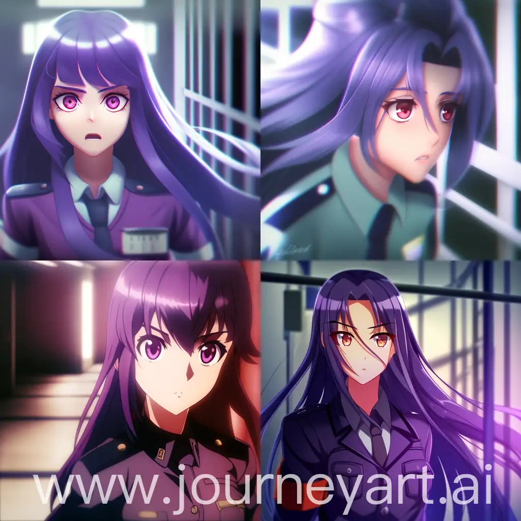 Anime style, digital art, illustration, prison hallway background, blurred background, 1girl, solo, girl focus, long purple hair, beautiful red eyes, cop outfit, serious expression, looking at viewer, closeup of face,
