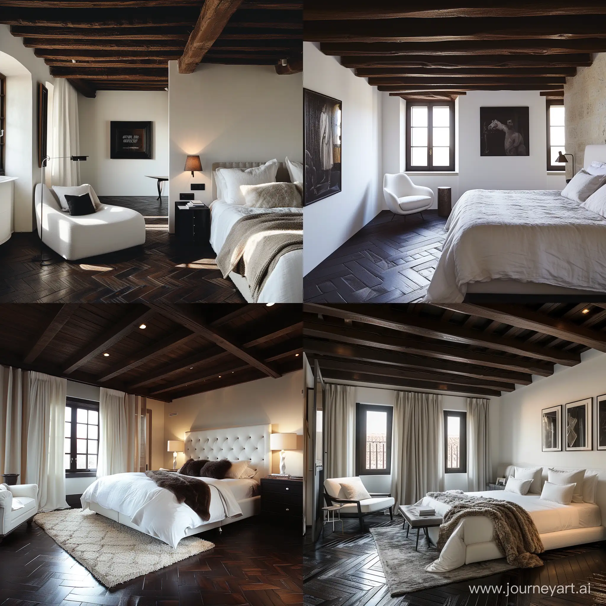 Dettaglio di una camera da letto soffitto travi di legno scuro arredamento moderno soft White pavimento parquet scuro 
