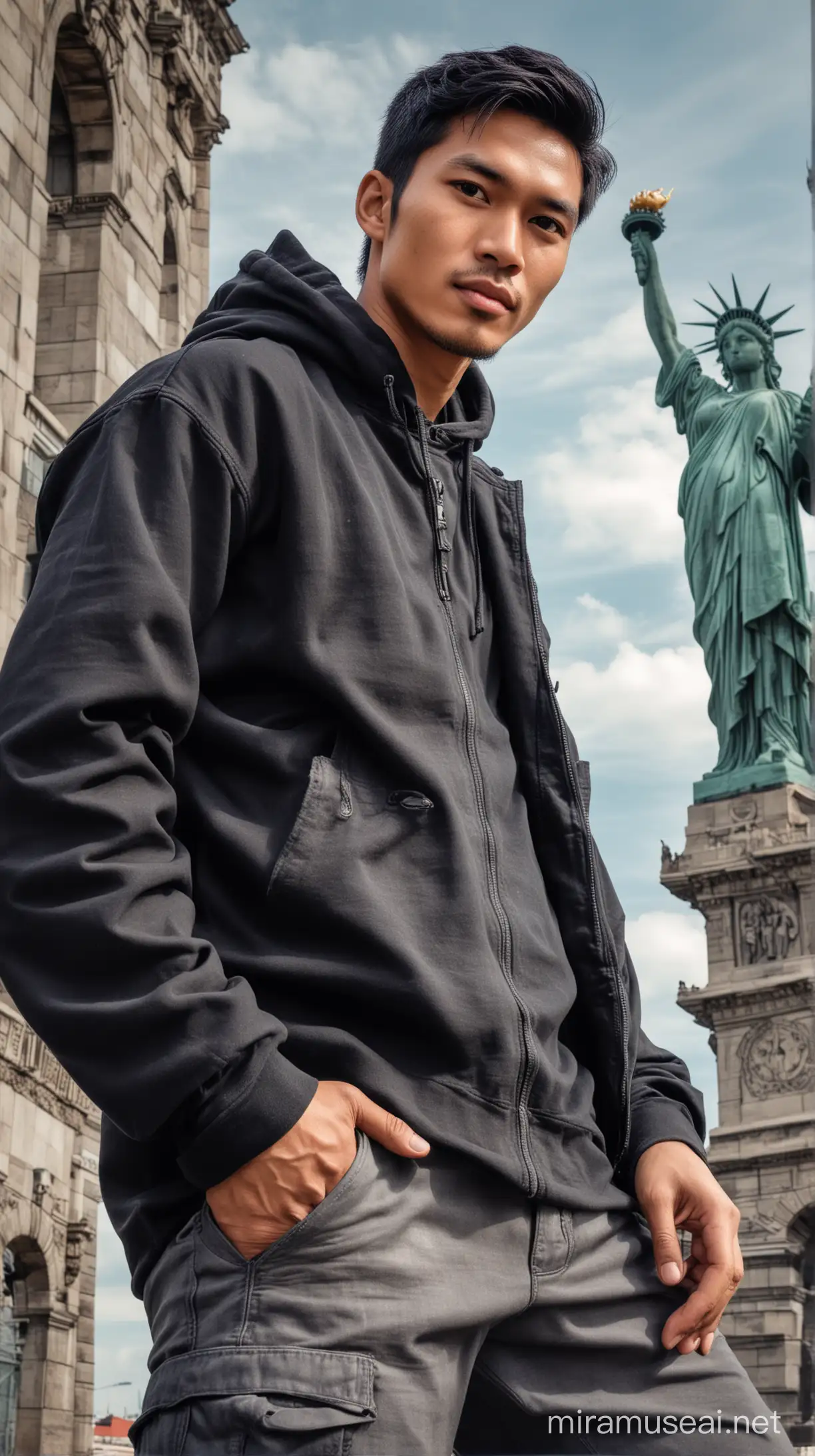 Seorang pria Indonesia tampan memakai jaket Hoodie hitam dan celana kargo panjang sedang terjadi, close up background patung Liberty HDR extreme-