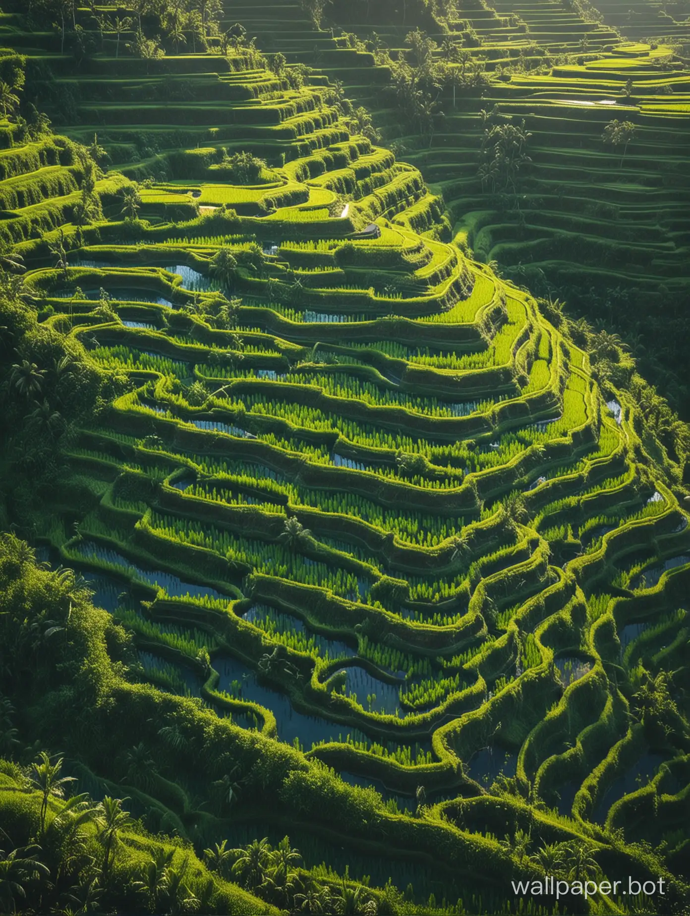 Aerial-View-of-Bali-Rice-Terraces-with-Vibrant-Greenery-and-Blue-Waters