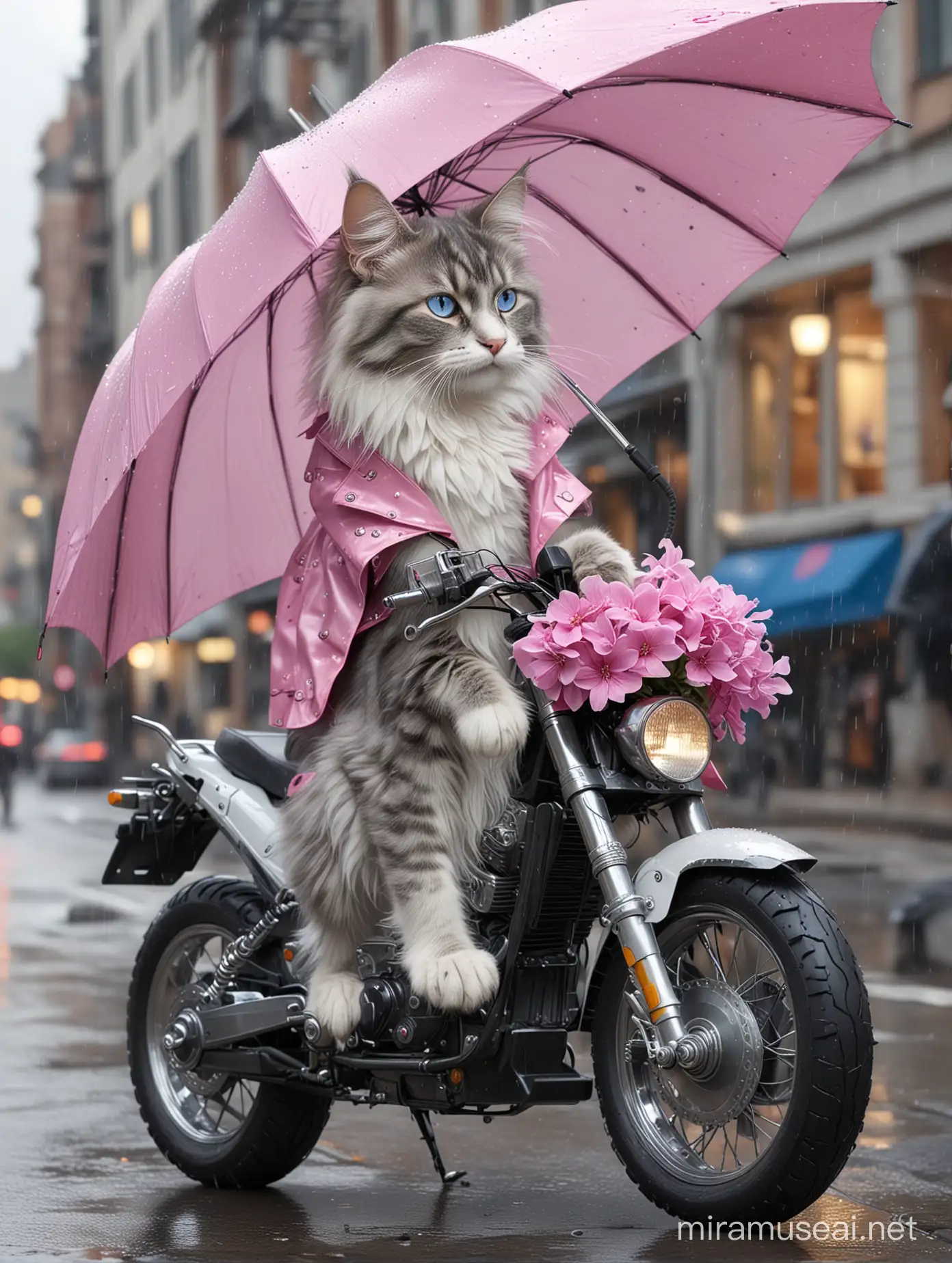 侧视图中,拟人化的可爱的灰白色缅因小猫咪的形象，蓝色眼睛，马路上，穿着香奈儿套装，脚上穿着圆头玛丽简鞋，斜挂香奈儿小包，粉色紫罗兰，骑电动摩托车，透明雨伞，城市较远背景，爆雨，照片逼真，超细节，超细节，4k, 8k——ar 3:4——v 6.0