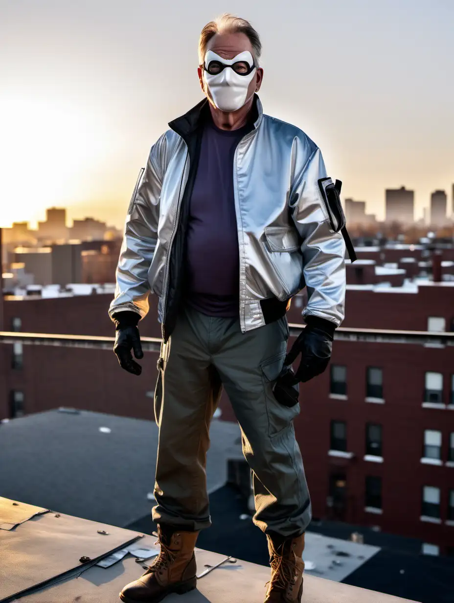 Friendly Superhero Standing on Rooftop at Sunrise in Poor Neighborhood