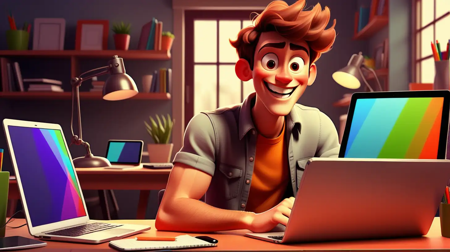 One happy young man at a desk with a laptop, tablet and phone no logo on the laptop, colorful pixar style no watermark