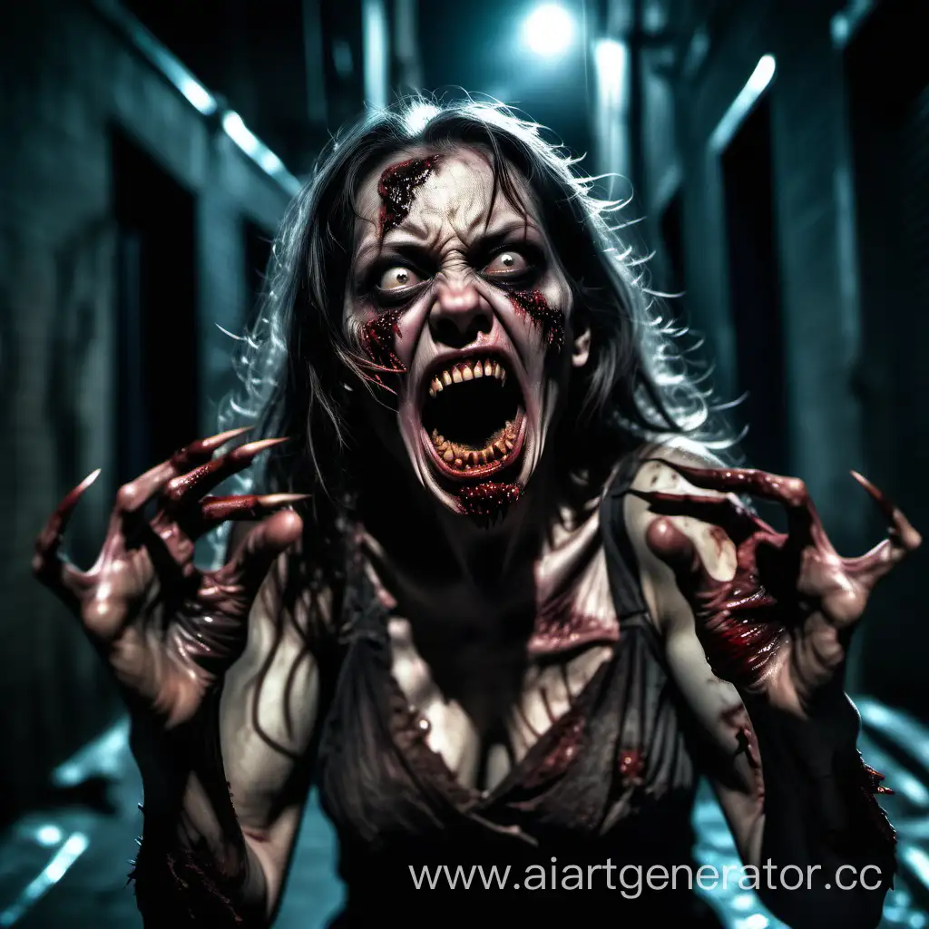 A  rotten skin zombie woman attacks using the claws on her five-fingered hands, her mouth menacingly open, revealing sharp teeth resembling fangs, the scene takes place at night in a dark alley. 