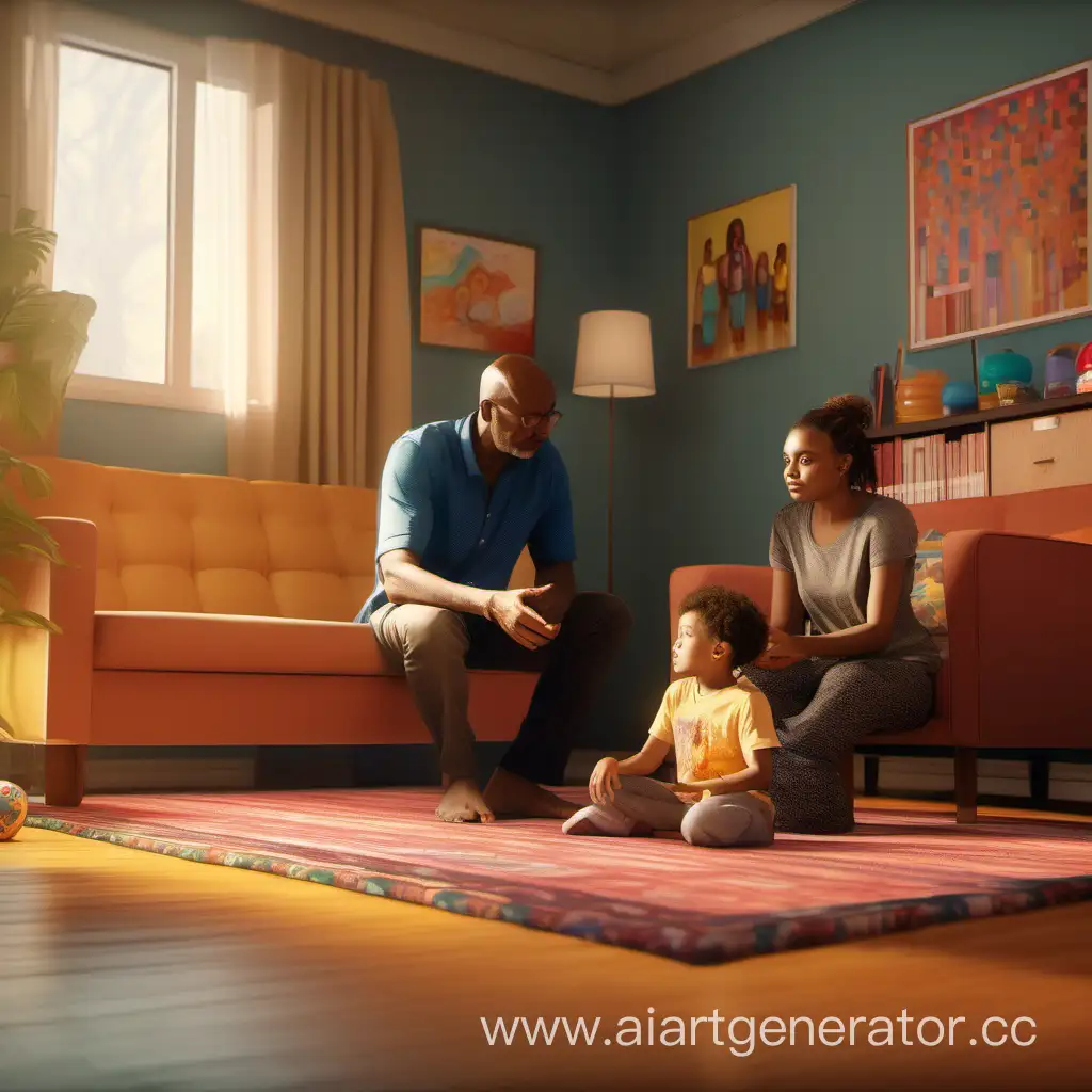 entire full room scene of Parent and Kid sitting with a ABA therapist, 64megapixel, bright colors, intricate, masterpiece, photorealistic, hiperrealistic, sharp focus, high contrast, Artstation HQ, 4k UHD