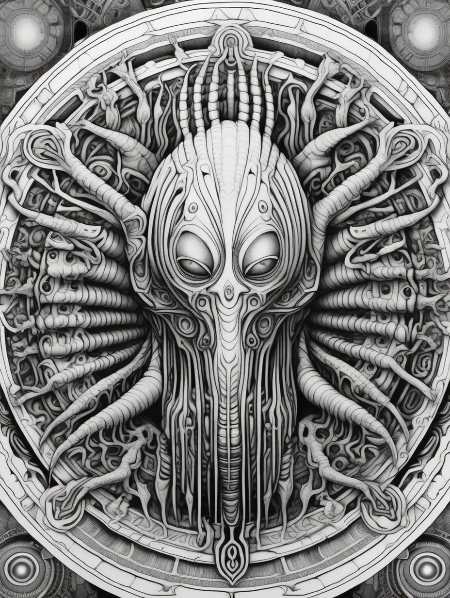 Adult coloring book page. High details. Black and white. No grayscale. Open spaces for coloring. Perfect symmetry mandala scaled for ar 3:4. human/maggot hybrid, inspired by H.R Giger.