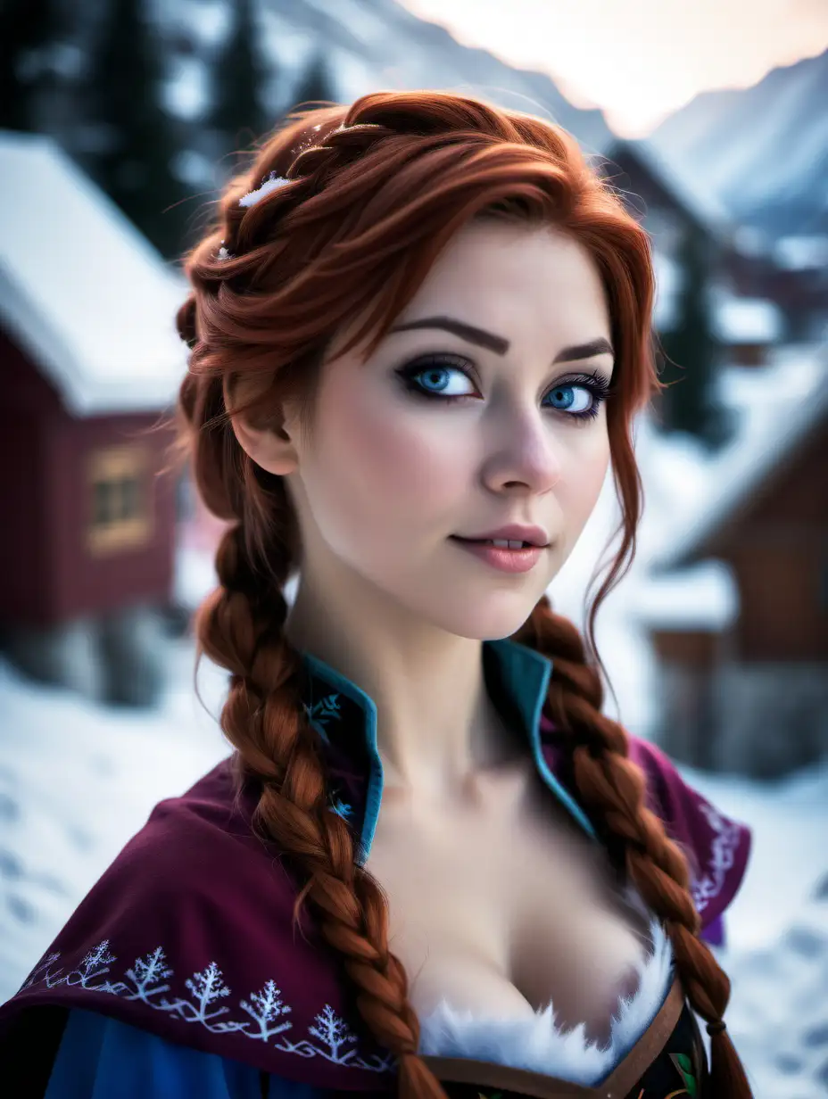 Beautiful Nordic woman, very attractive face, detailed eyes, big breasts, dark eye shadow, messy aburn hair, wearing an Anna from Frozen cosplay outfit, close up, bokeh background, soft light on face, rim lighting, facing away from camera, looking back over her shoulder, standing in a snowy mountain village, photorealistic, very high detail, extra wide photo, full body photo, aerial photo