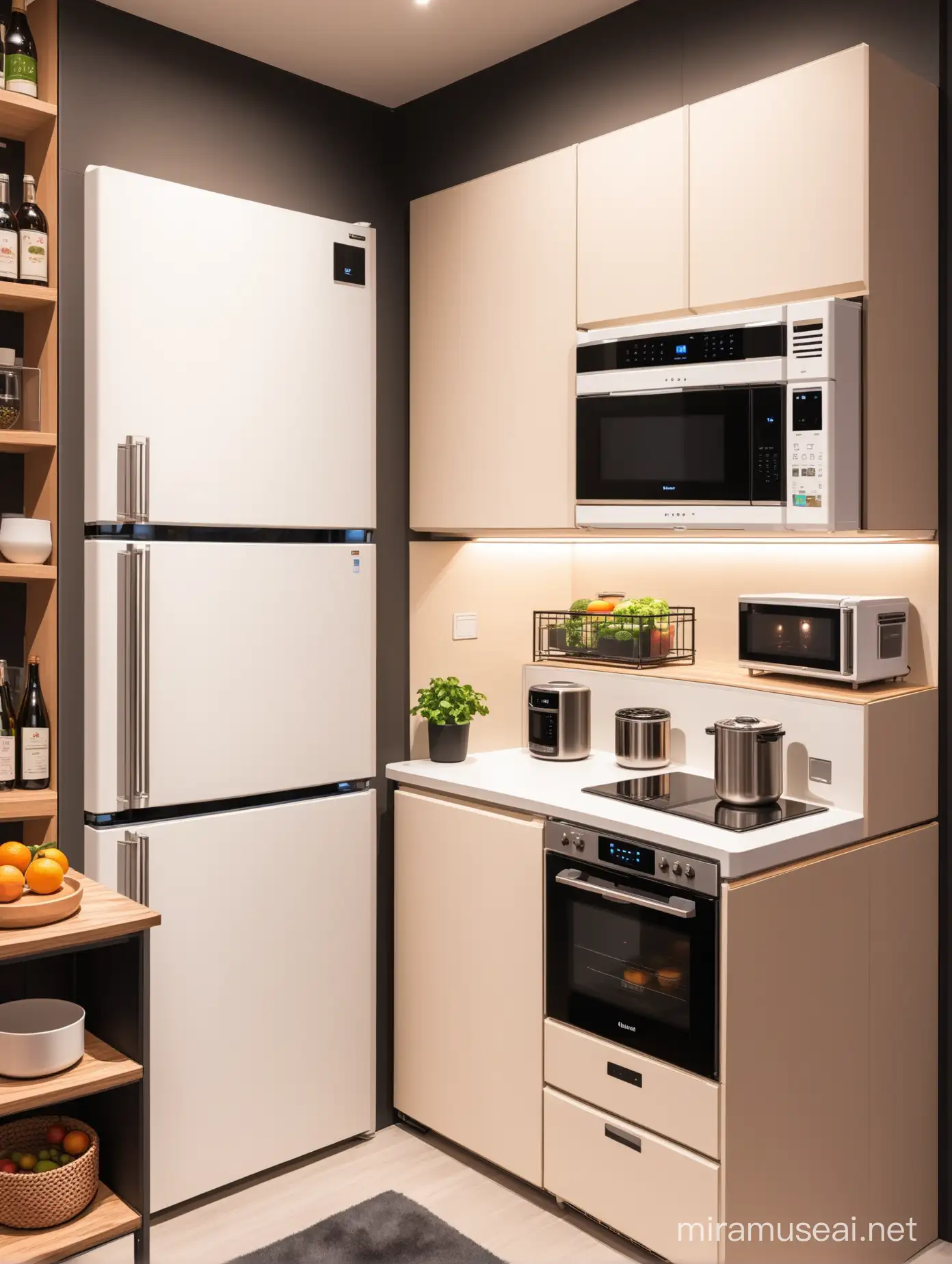 Cozy technological kitchen, fridge, microwave, cute