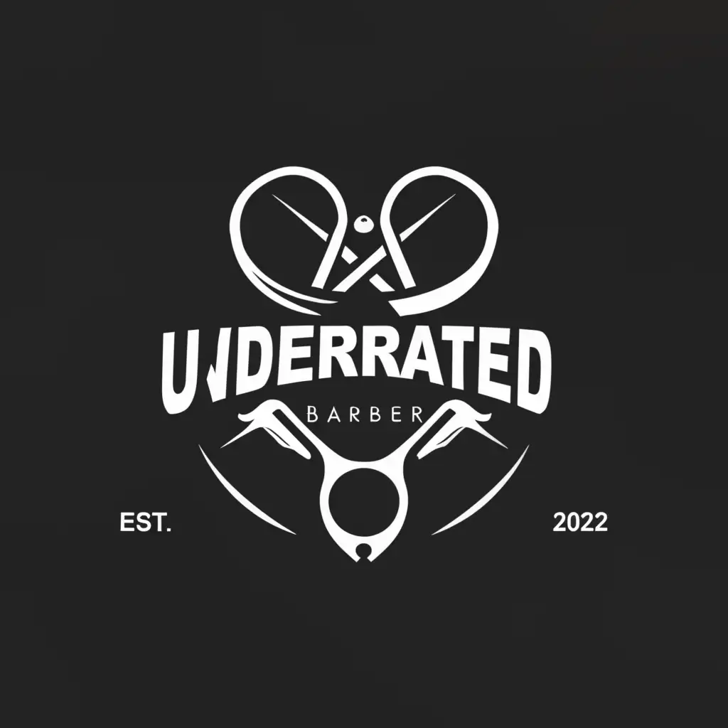a logo design,with the text "Underrated barbers", main symbol:“Design a logo for Underrated Barbers that embodies elegance and appeals to both men and women. Incorporate elements representing the skill and creativity of barbers while conveying a sense of uniqueness and excellence. Use a sophisticated font that is easy to read. Consider adding subtle, unisex imagery such as scissors or a comb, while ensuring the overall design remains clean and timeless.”,Moderate,clear background