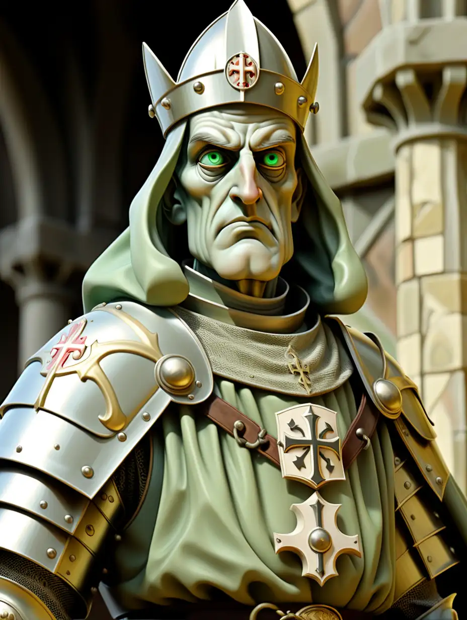 a medieval saint general in command of a holy army, with a gaunt, sallow, face with pale eyes and faintly greenish skin