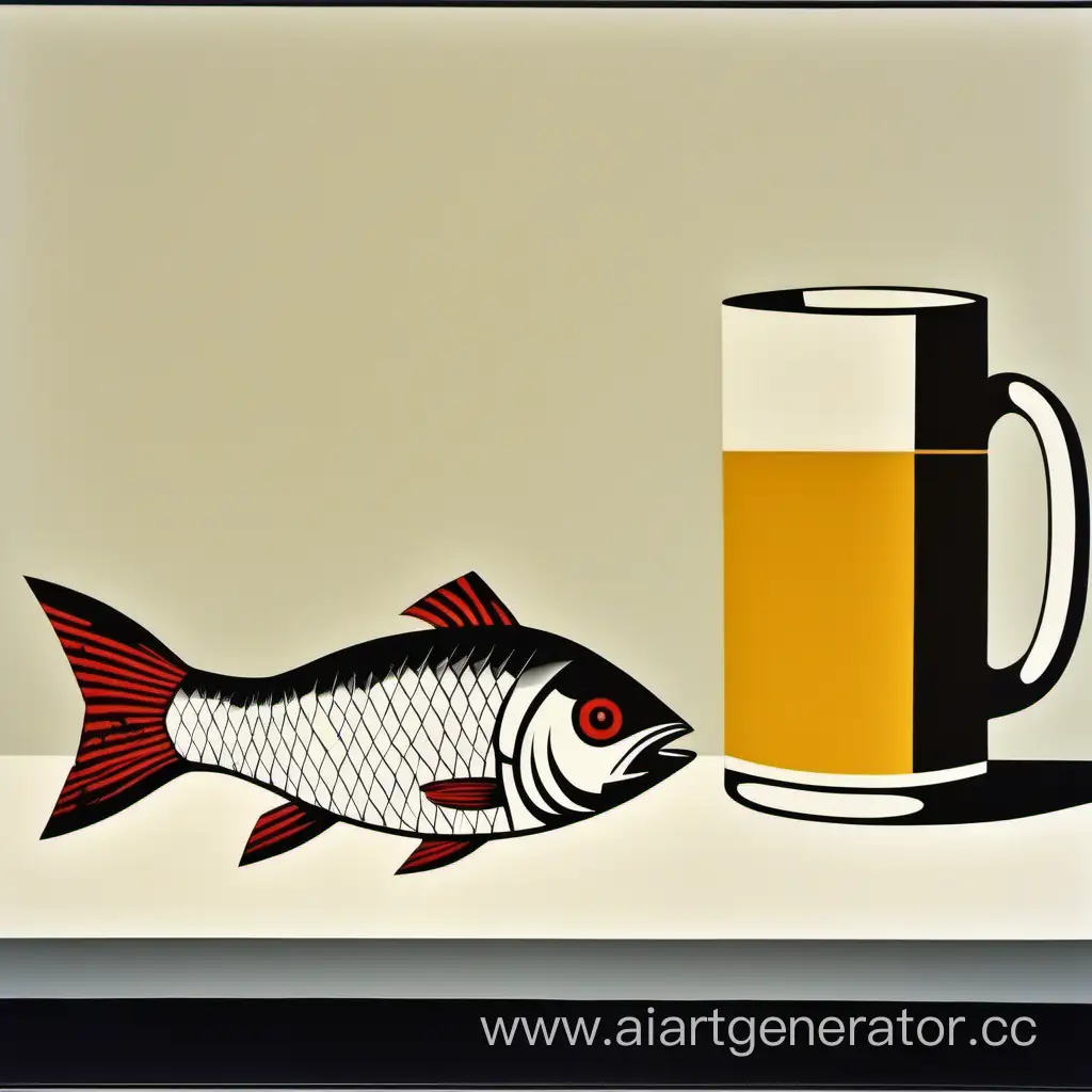a large mug of beer and a fish still life suprematism