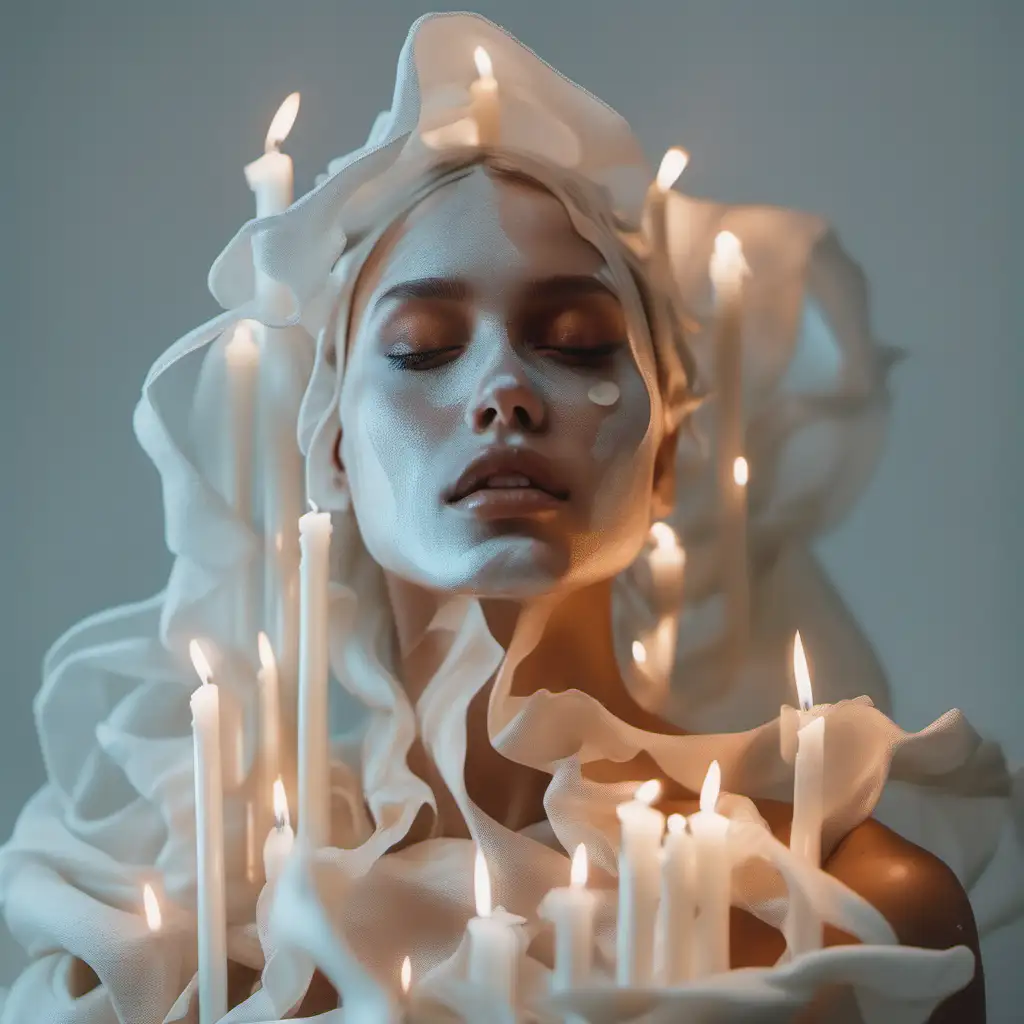 Ethereal Beauty Model with Candlelit Aura and Pearls